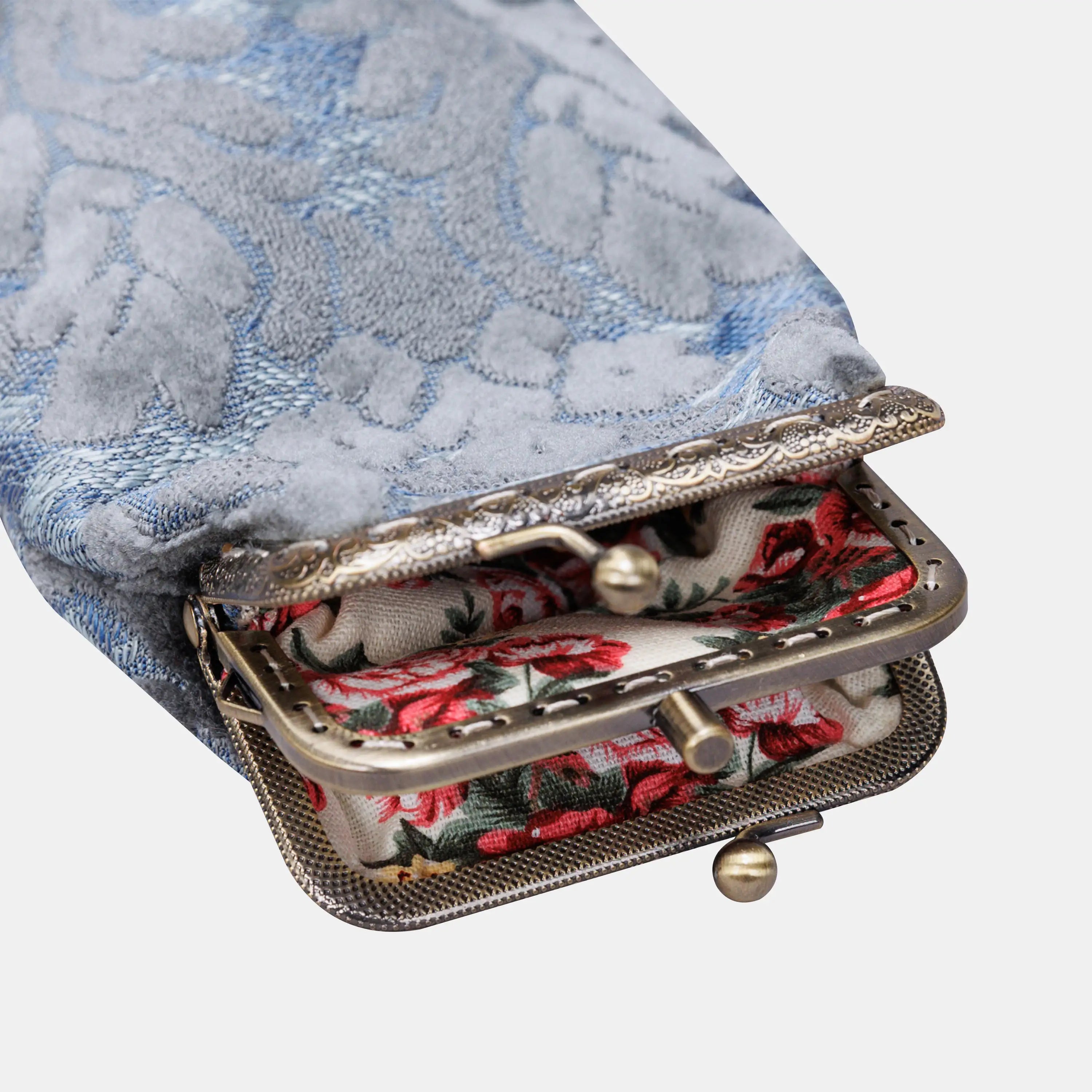 Burnout Velvet Steel Blue Carpet Eyeglasses Case of America the metal clamp opens-3