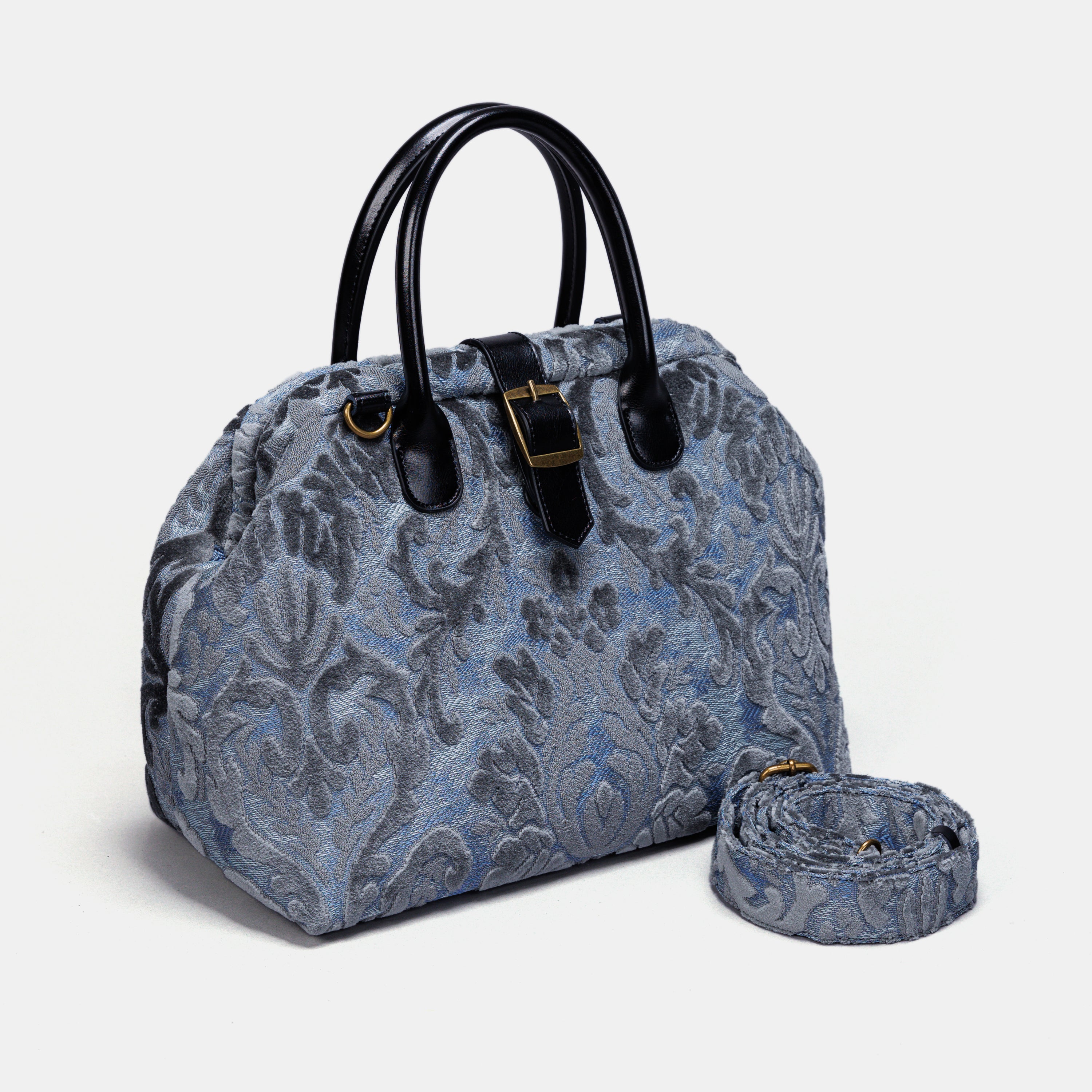 Burnout Velvet Steel Blue Carpet Handbag Purse carpet bag MCW Handmade of America with strap