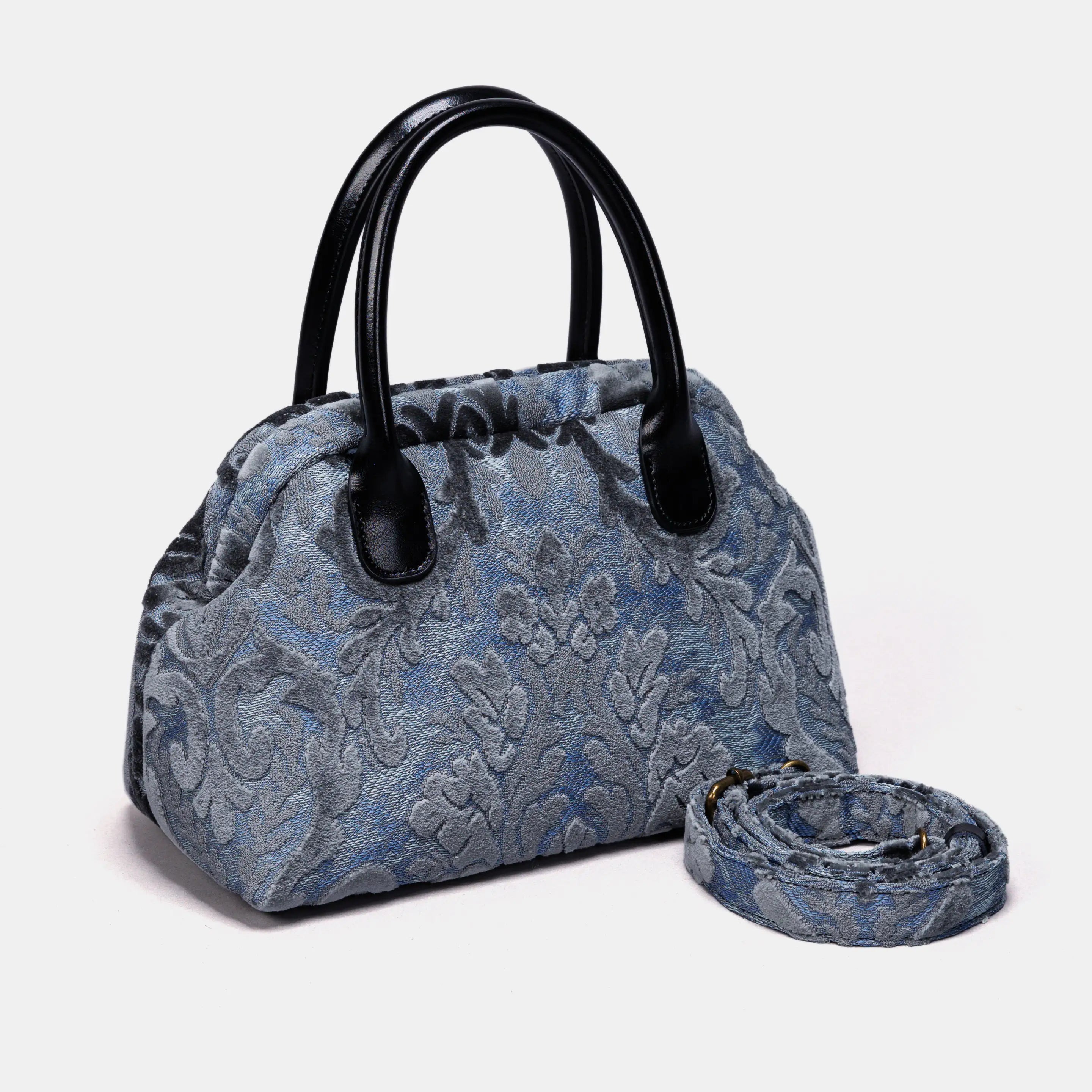 Burnout Velvet Steel Blue Carpet Satchel carpet bag MCW Handmade of America with strap