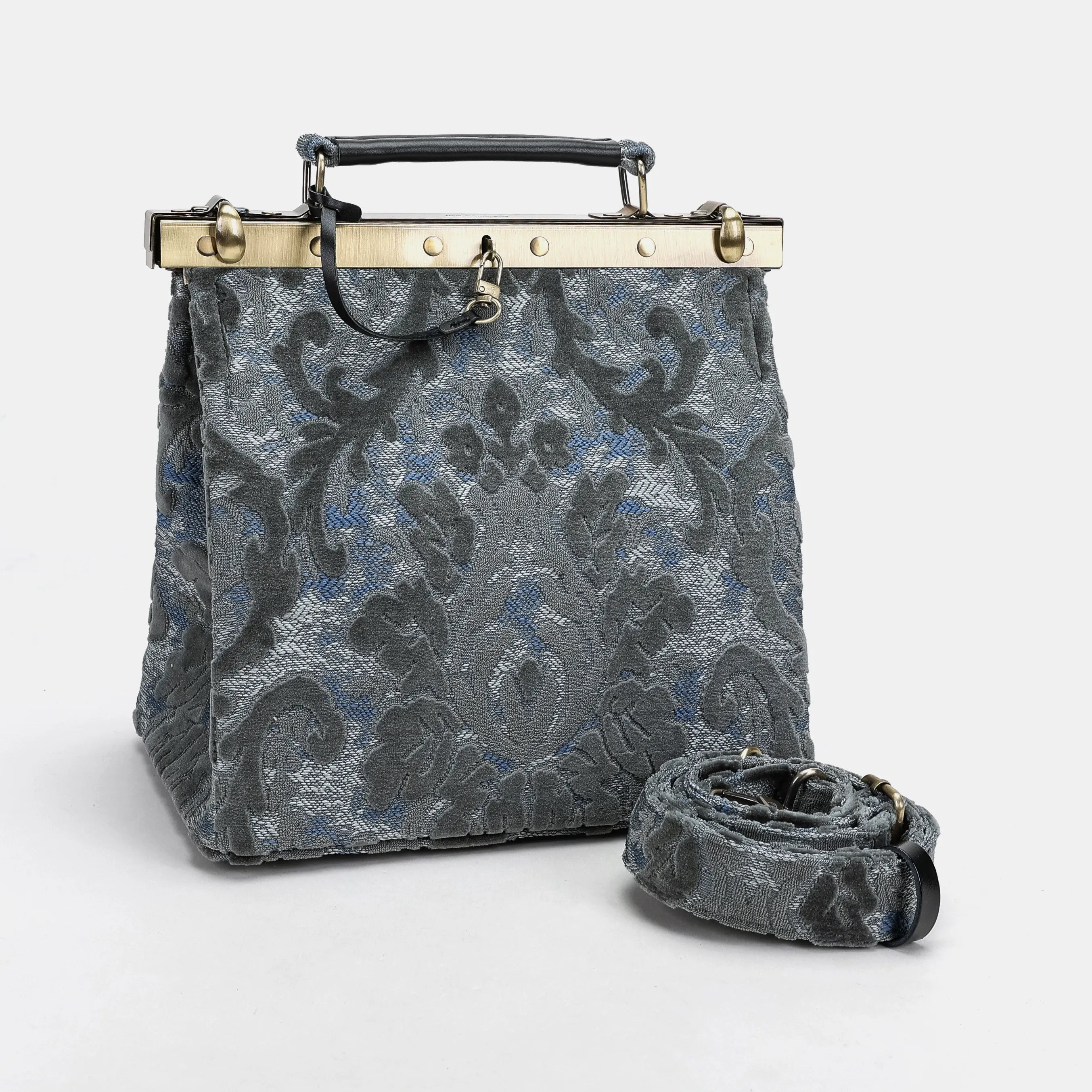Burnout Velvet Steel Blue Cecile Carpet Purse Gladstone Bag of America with shoulder strap