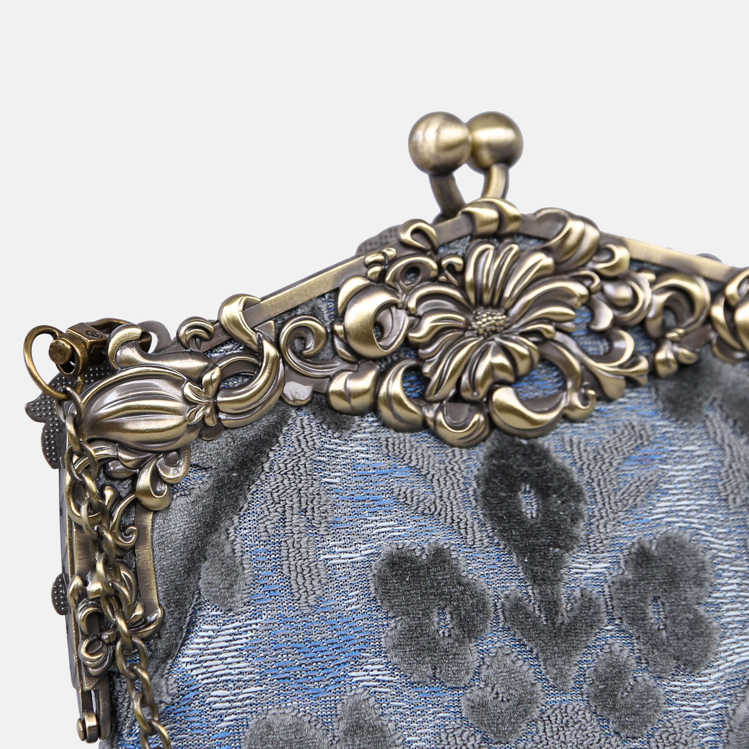 Burnout Velvet Steel Blue Chatelaine Purse Large carpet bag of America detail