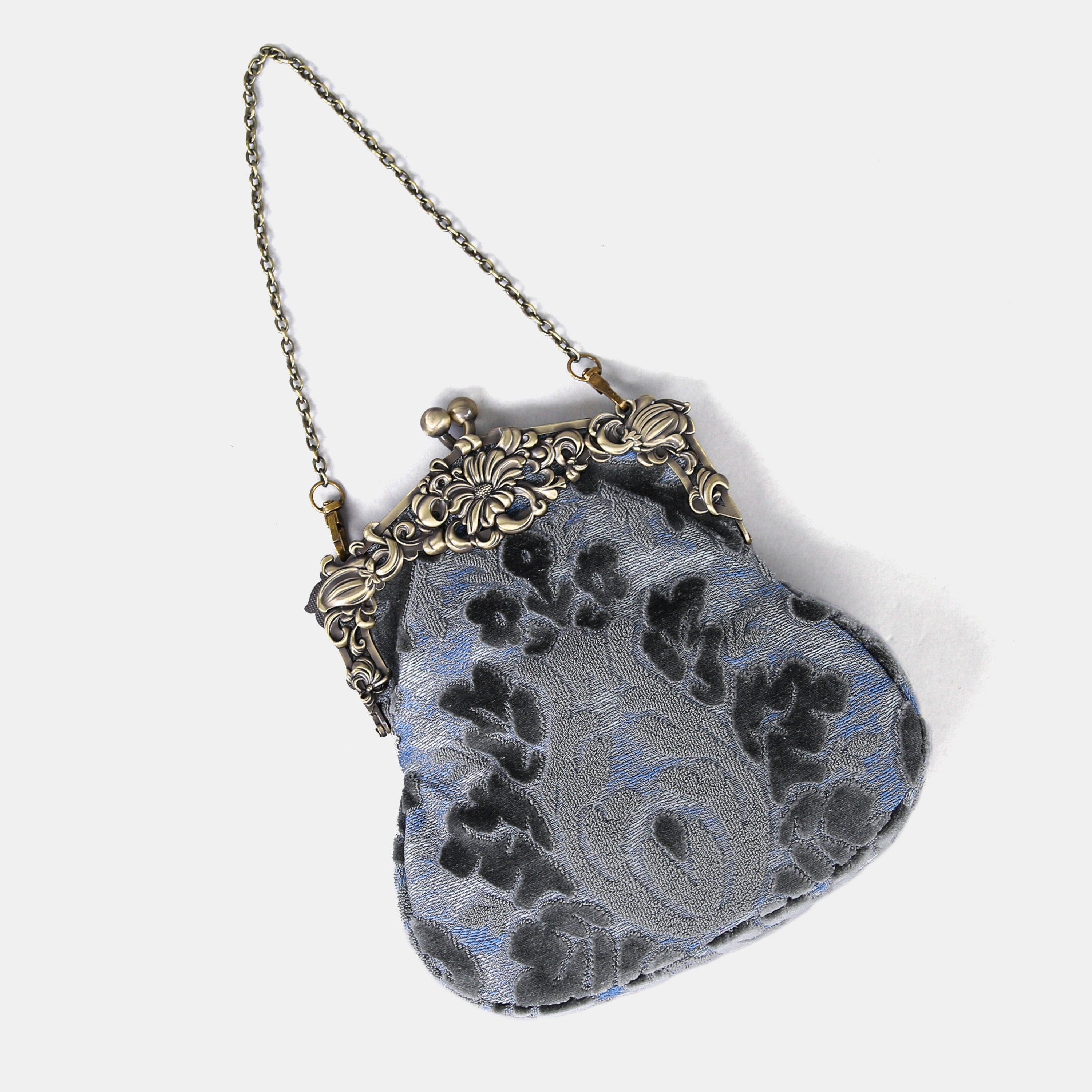 Burnout Velvet Steel Blue Chatelaine Purse Large carpet bag of America lay flat