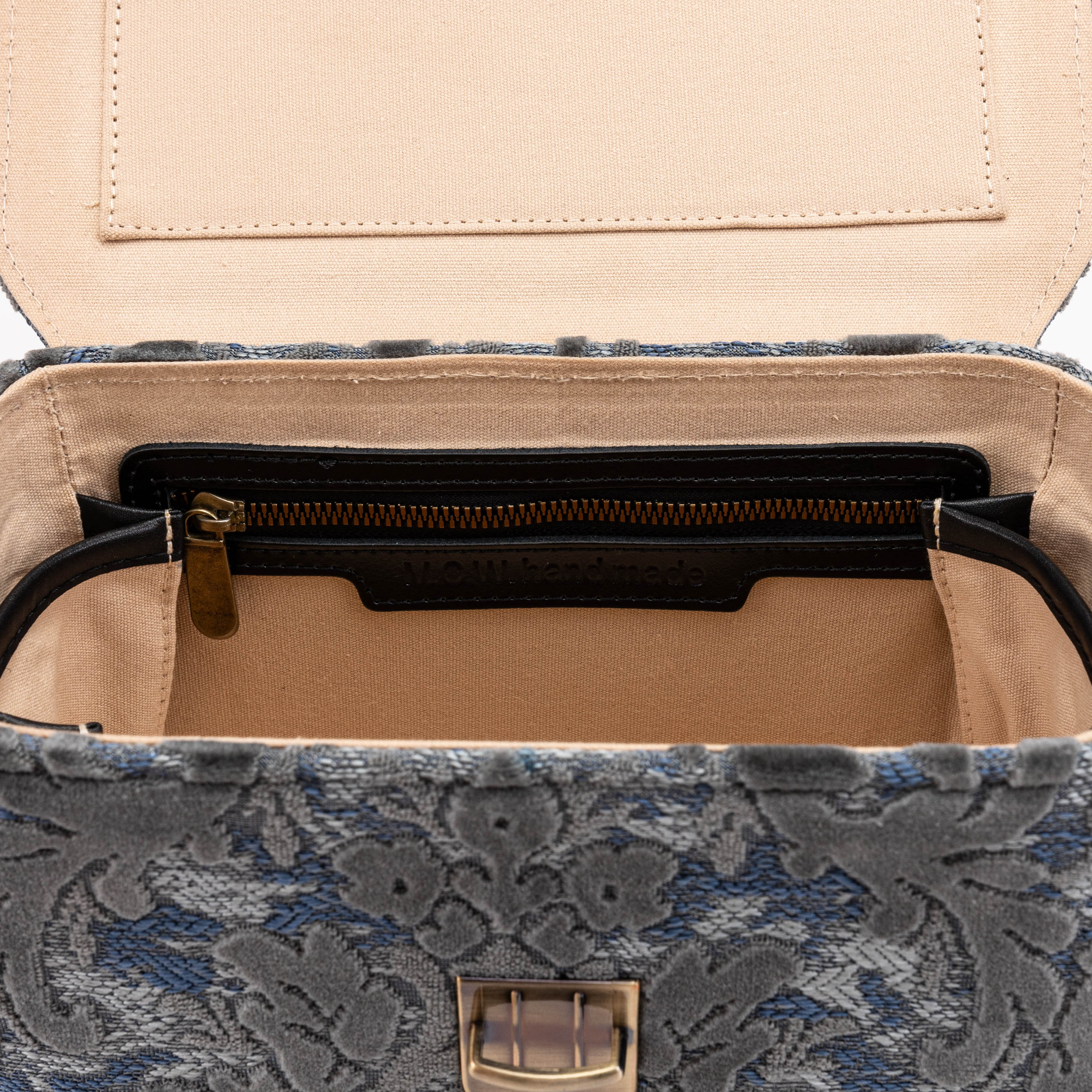 Burnout Velvet Steel Blue Clara Medium Train Case Purse of America inside pocket