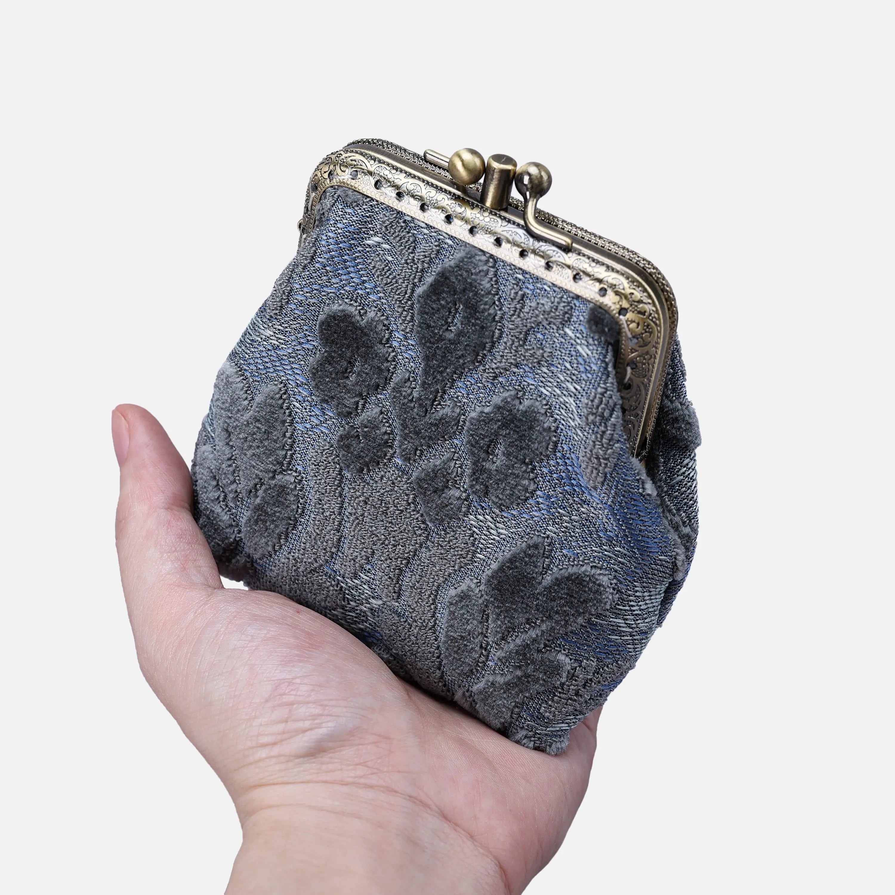 Burnout Velvet Steel Blue Double Kiss Clasp Coin Purse of America main