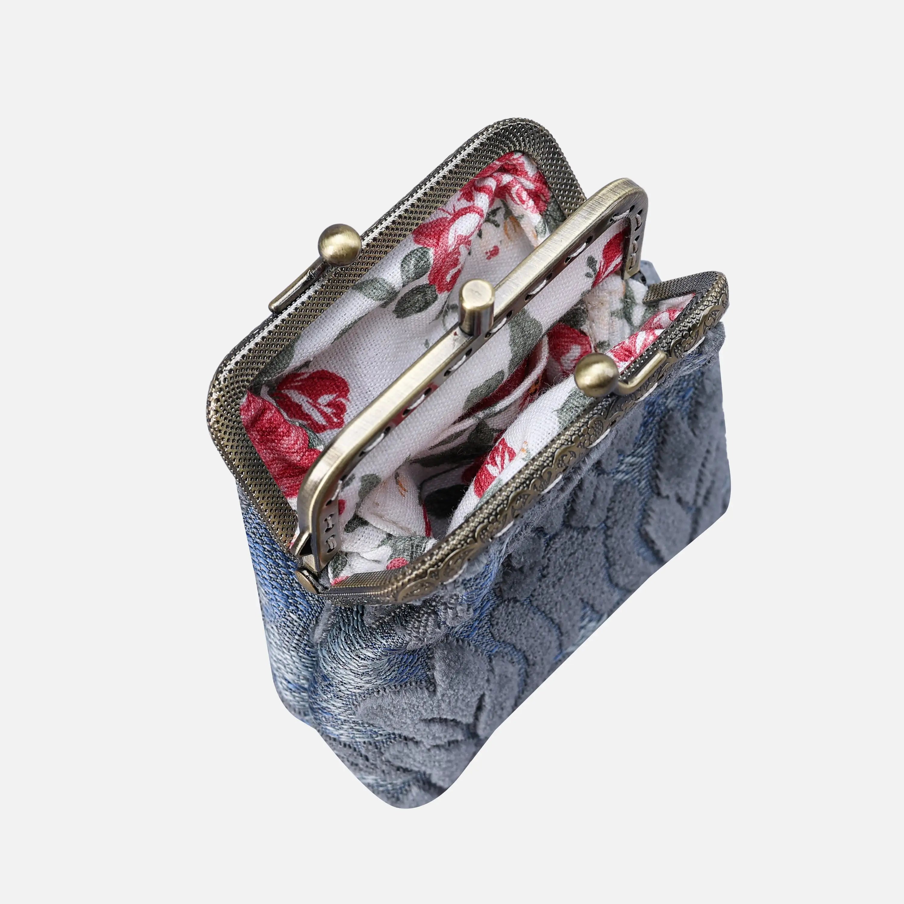 Burnout Velvet Steel Blue Double Kiss Clasp Coin Purse of America Front side opens-3