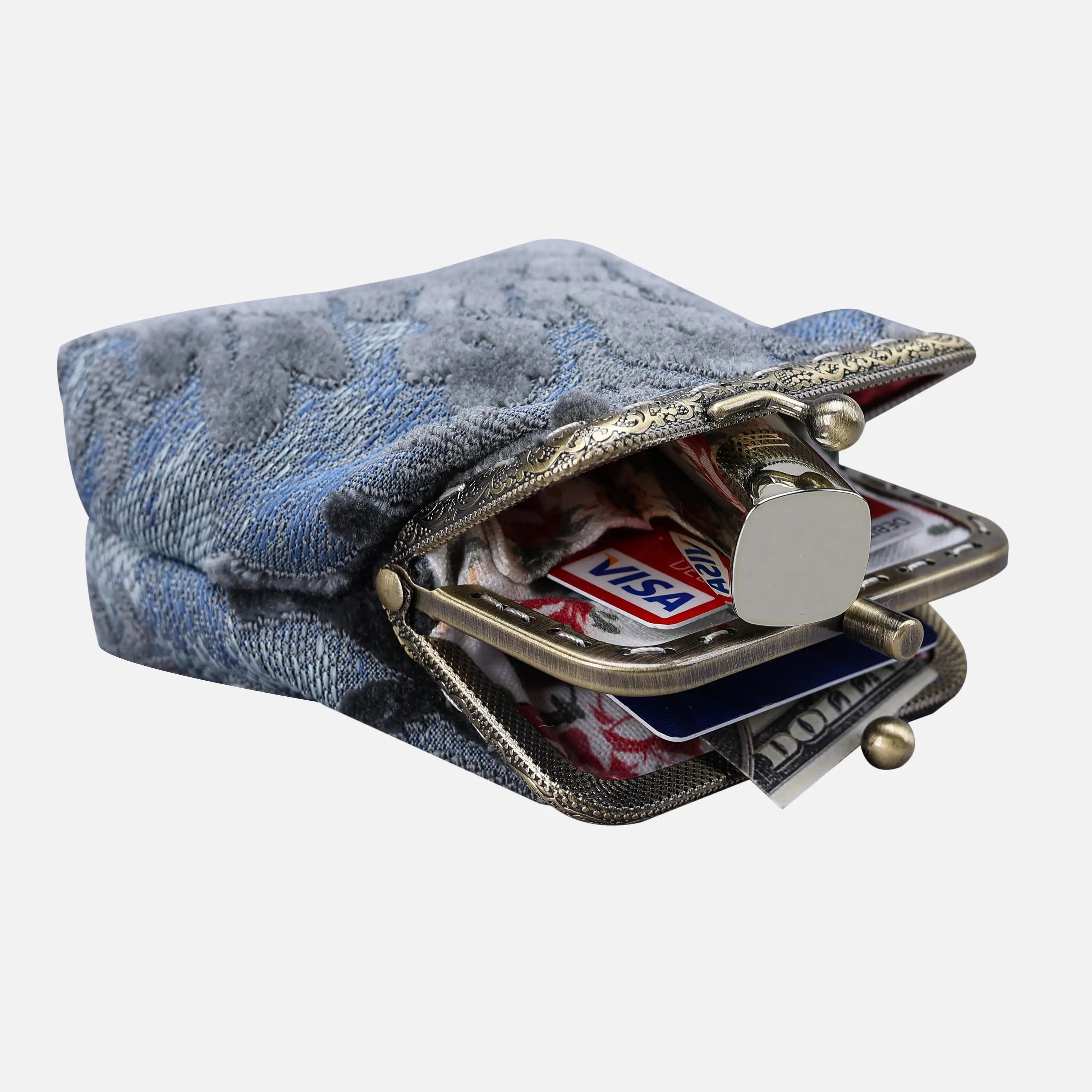 Burnout Velvet Steel Blue Double Kiss Clasp Coin Purse of America in use-4