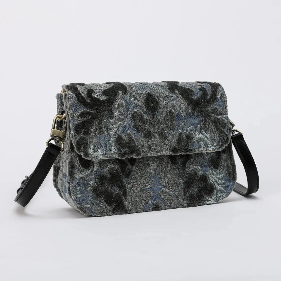 Burnout Velvet Steel Blue Flap Crossbody Bag carpet bag of America main