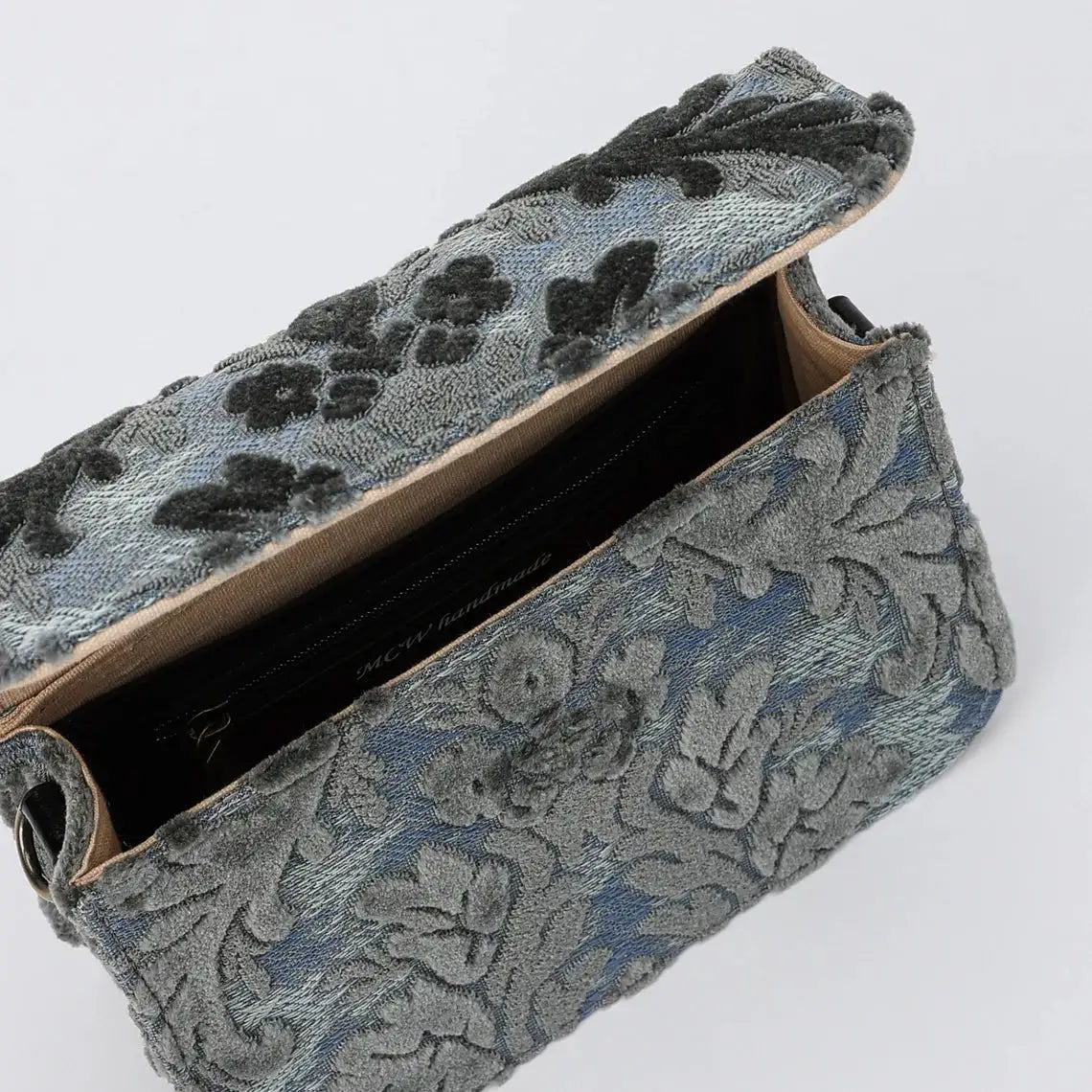 Burnout Velvet Steel Blue Flap Crossbody Bag carpet bag of America inside