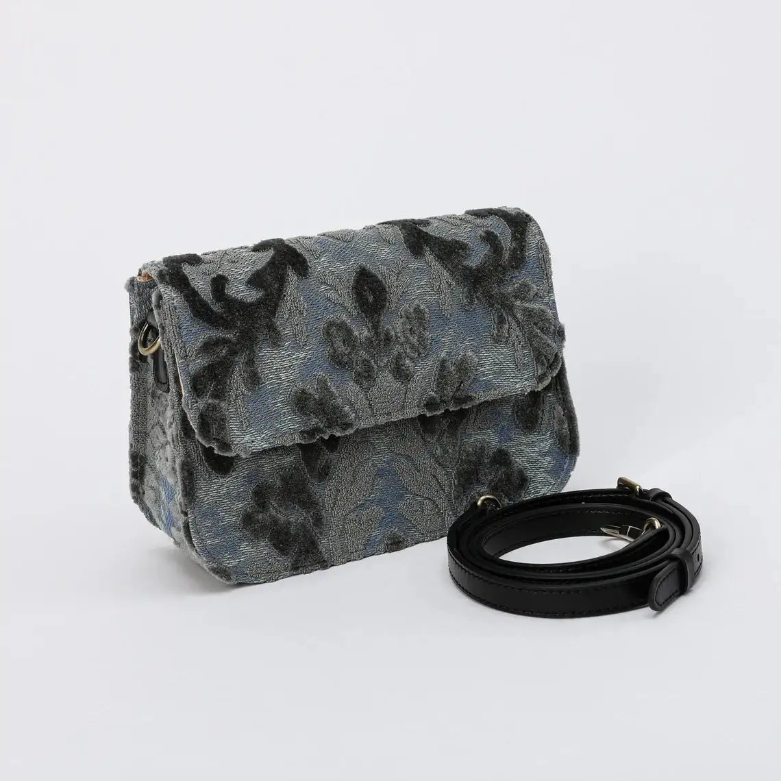 Burnout Velvet Steel Blue Flap Crossbody Bag carpet bag of America with shoulder strap