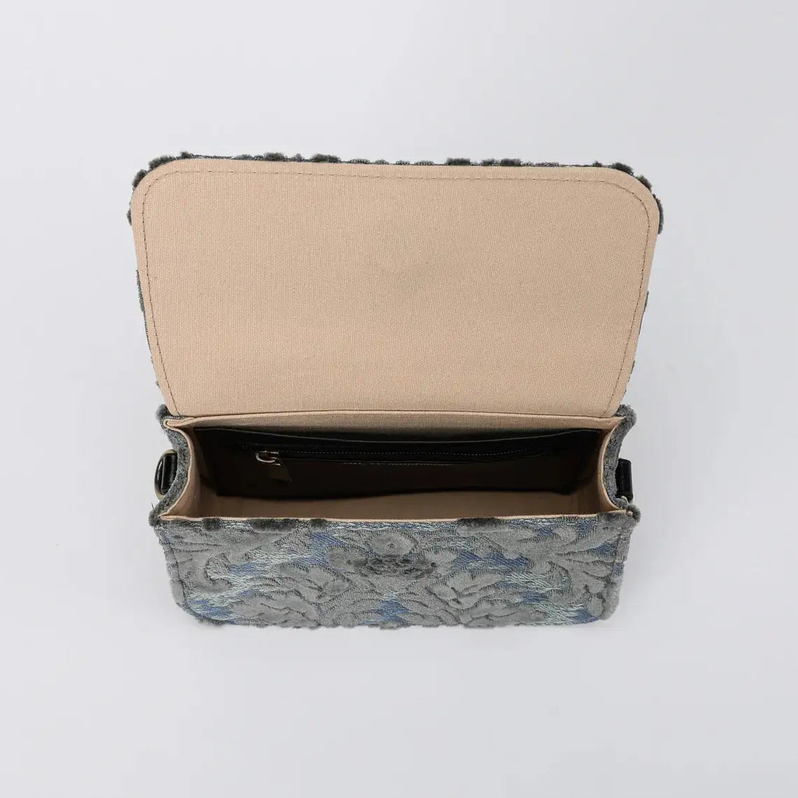 Burnout Velvet Steel Blue Flap Crossbody Bag carpet bag of America opening