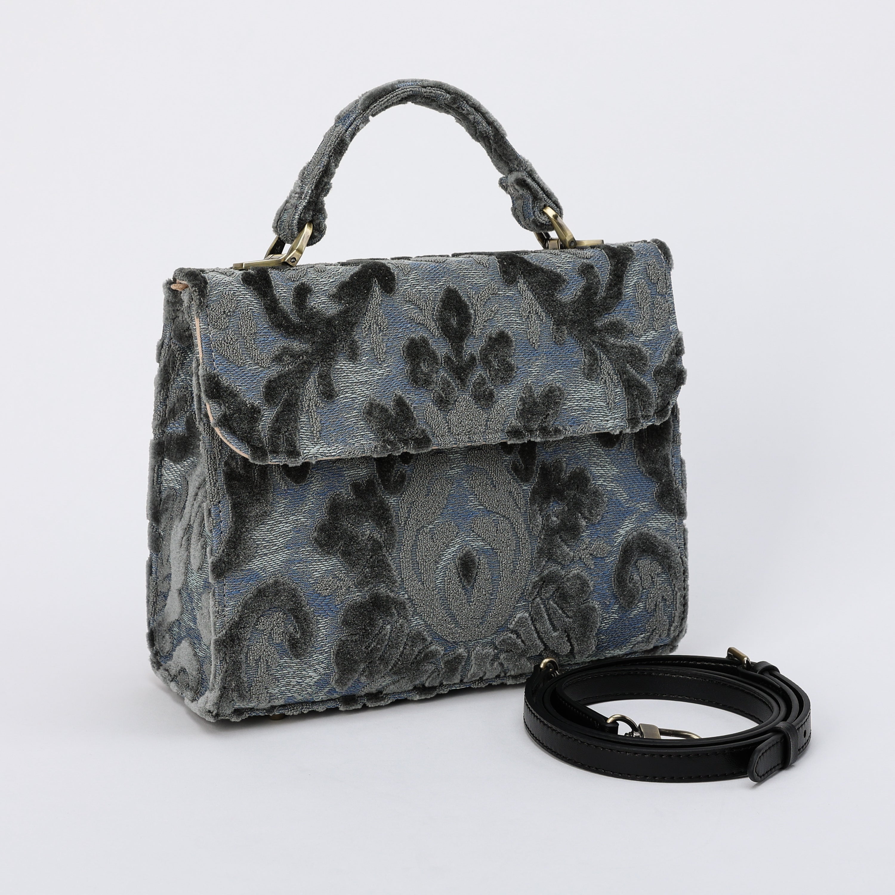 Burnout Velvet Steel Blue Flap Satchel Carpetbag of America front side