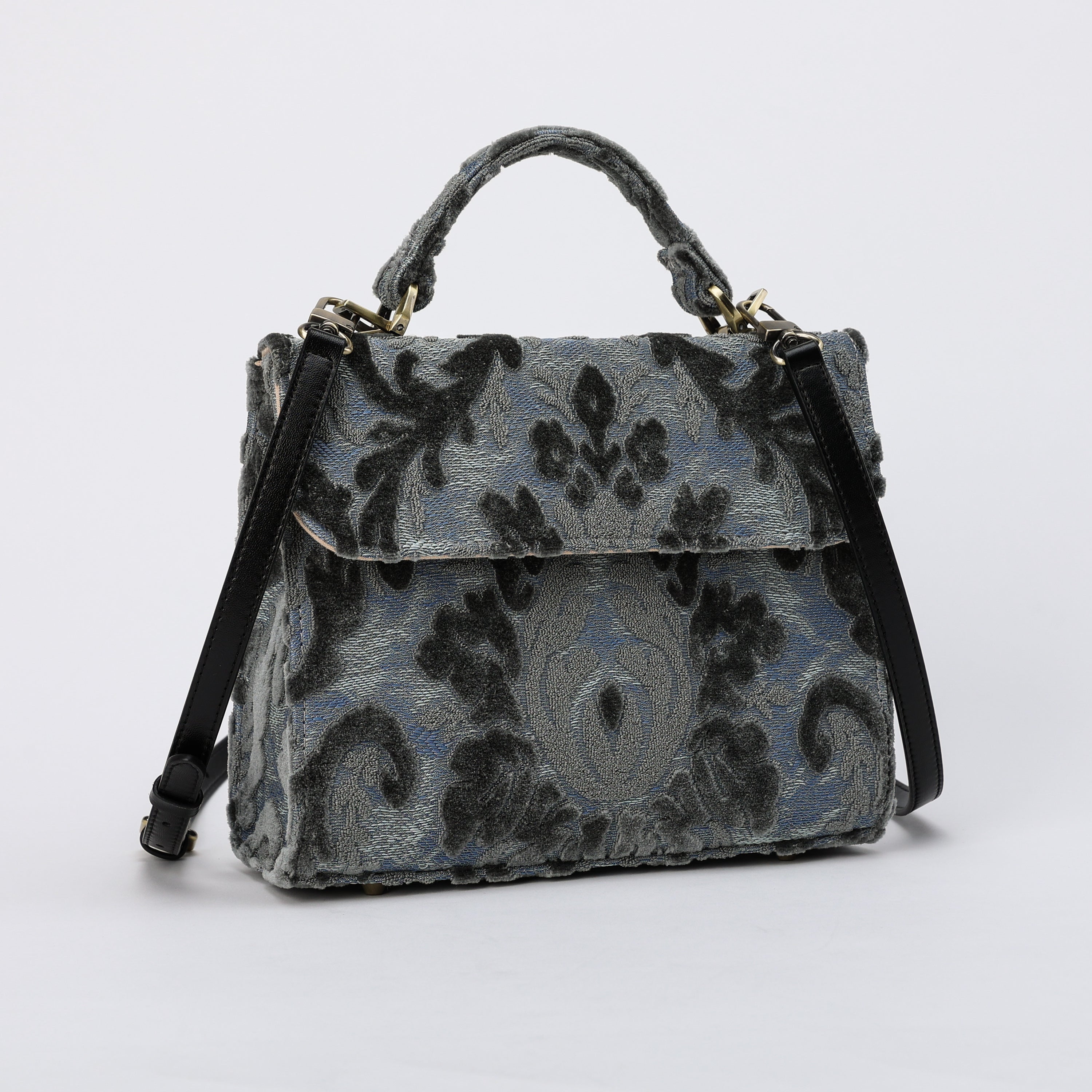 Burnout Velvet Steel Blue Flap Satchel Carpetbag of America with shoulder strap
