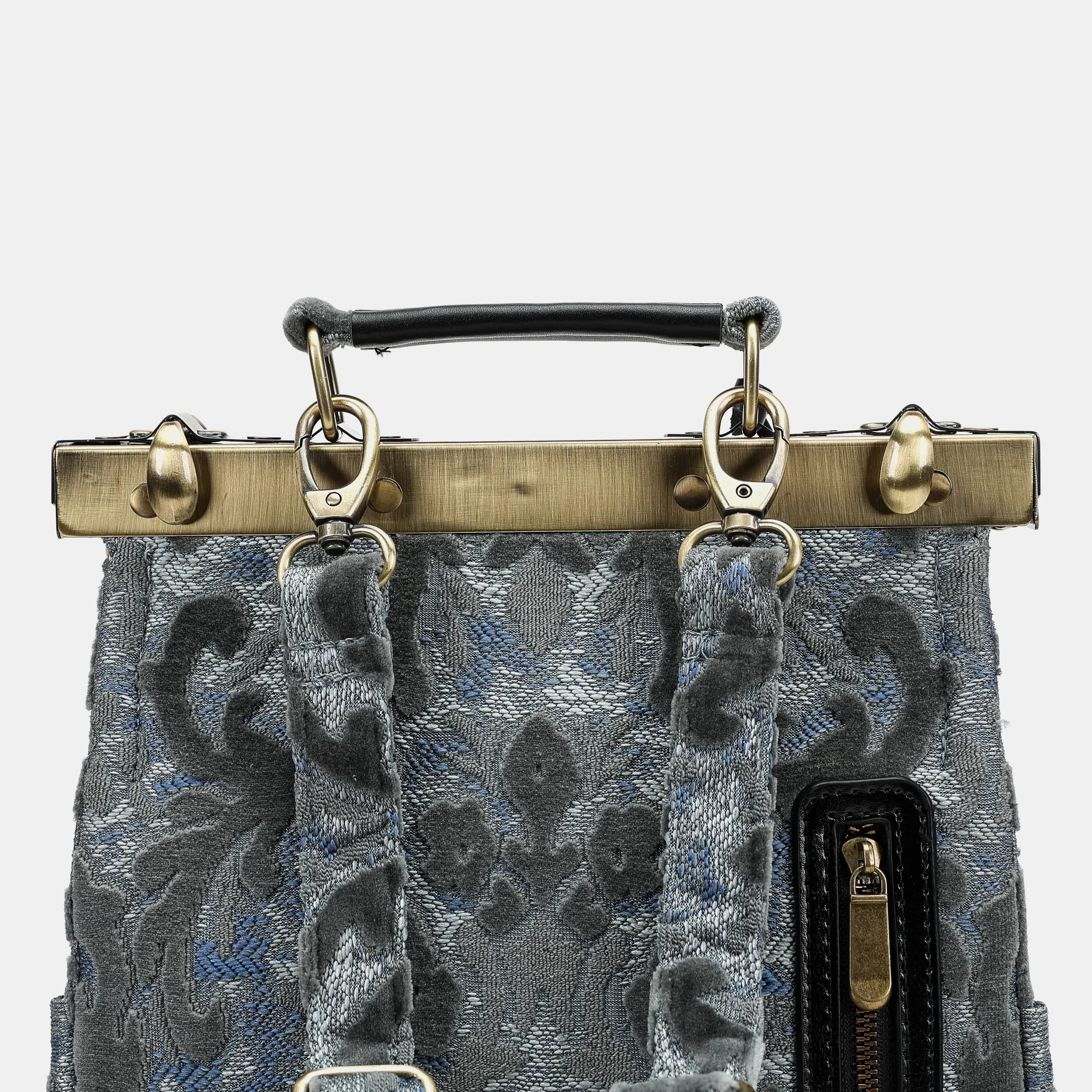 Burnout Velvet Steel Blue Helena Carpet Gladstone Backpack of America back details