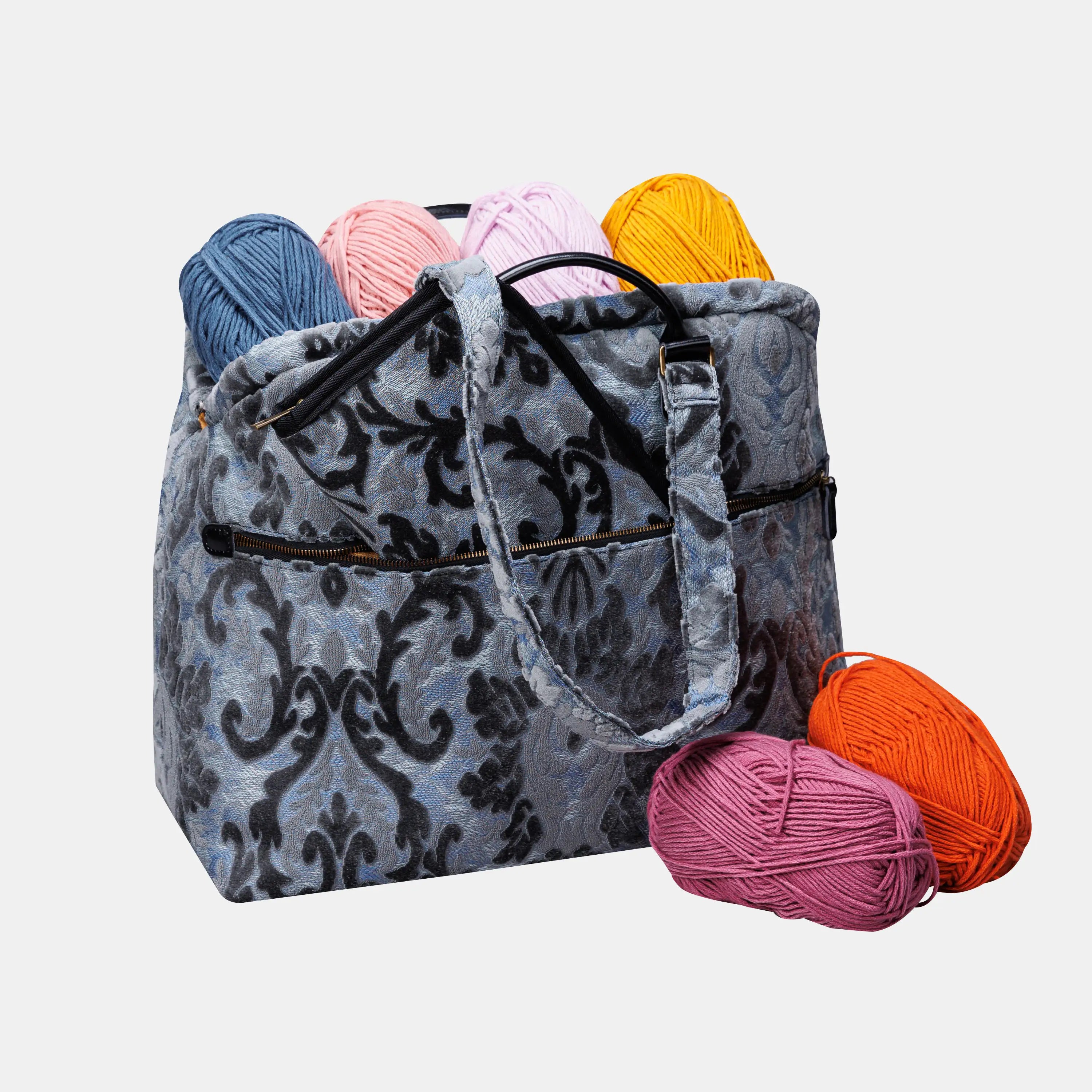 Burnout Velvet Steel Blue Knitting Project Bag of America-with needle case