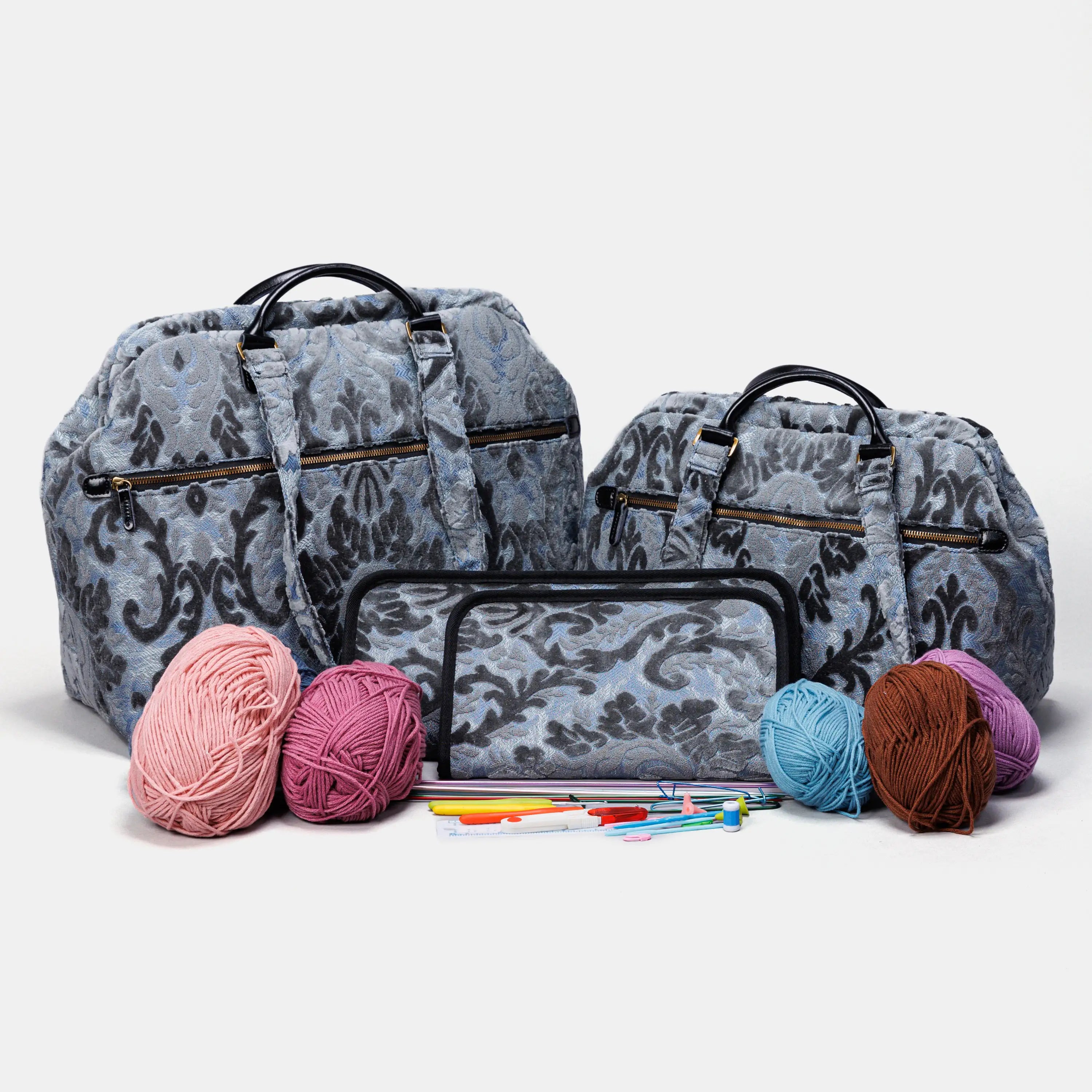 Burnout Velvet Steel Blue Knitting Project Bag  of America-set