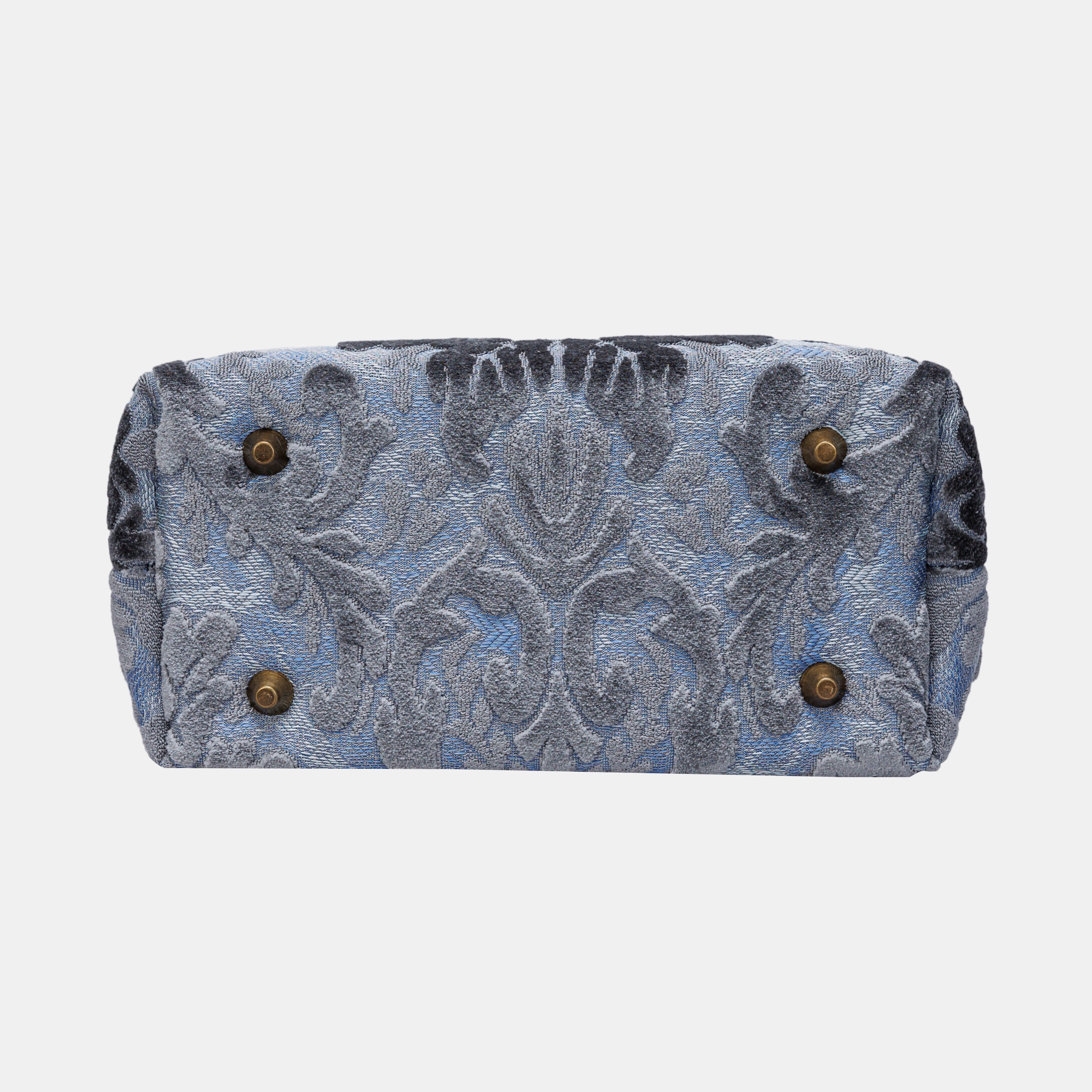 Burnout Velvet Steel Blue Tuck Lock Carpet Satchel carpet bag MCW Handmade of America bottom