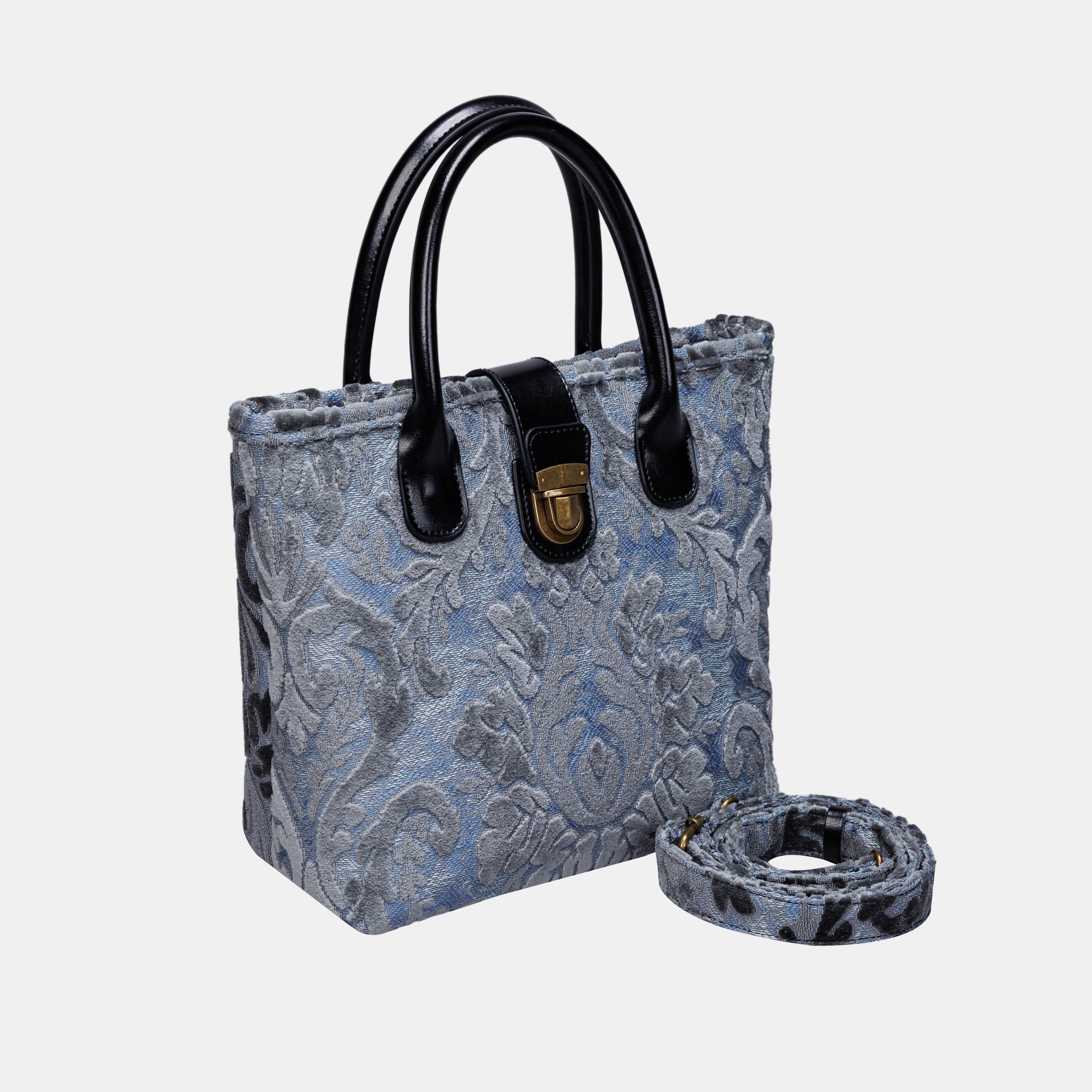 Burnout Velvet Steel Blue Tuck Lock Carpet Satchel carpet bag MCW Handmade of America with strap