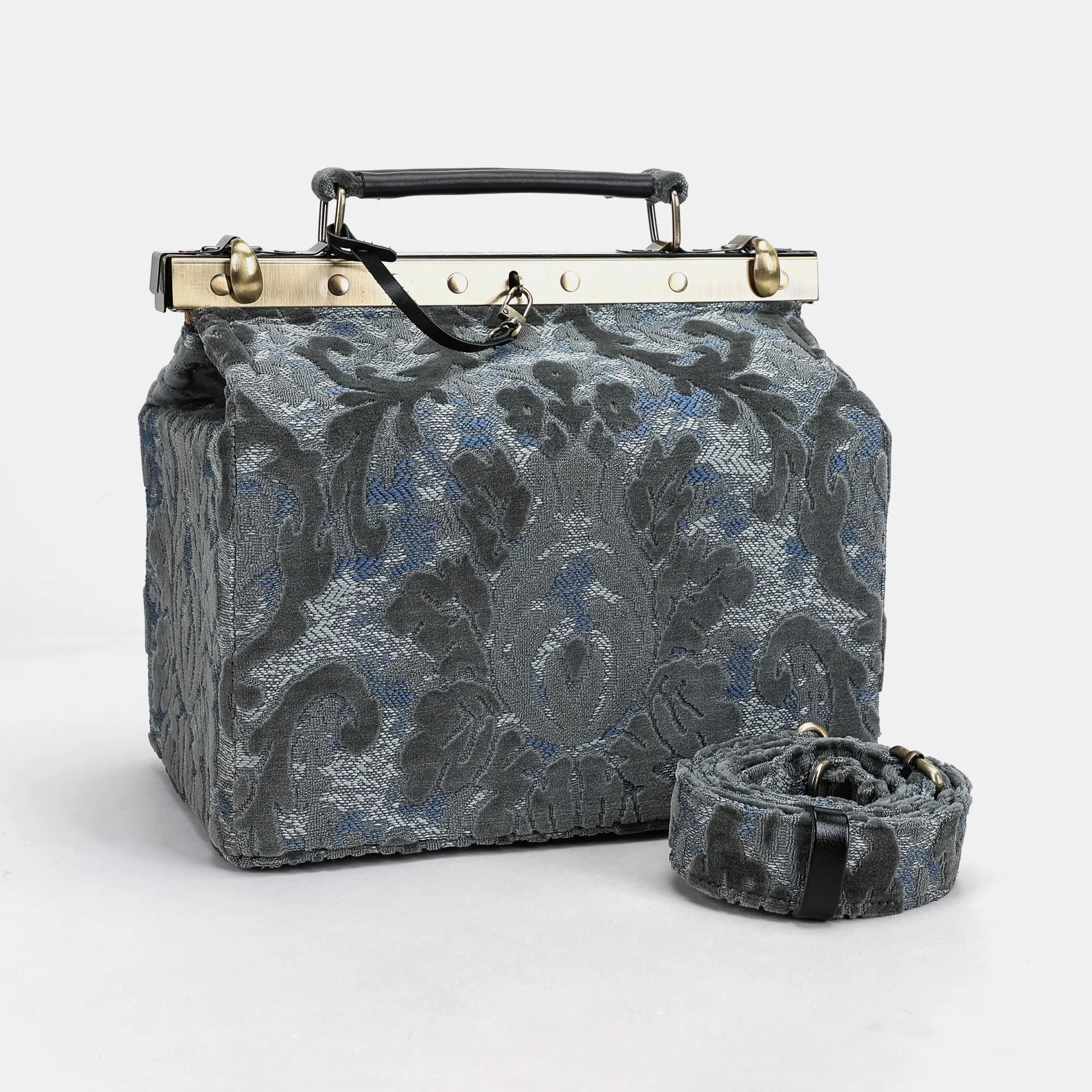 Burnout Velvet Steel Blue Vivienne Carpet Purse Gladstone Bag America with shoulder strap