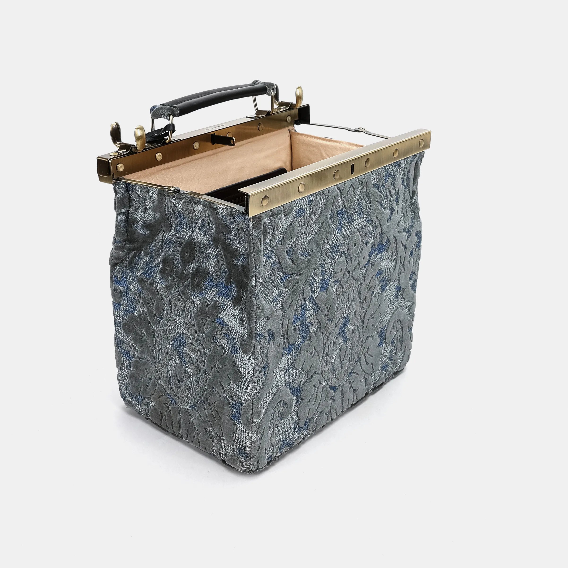 Burnout Velvet Steel Blue Vivienne Carpet Purse Gladstone Bag America open and stand