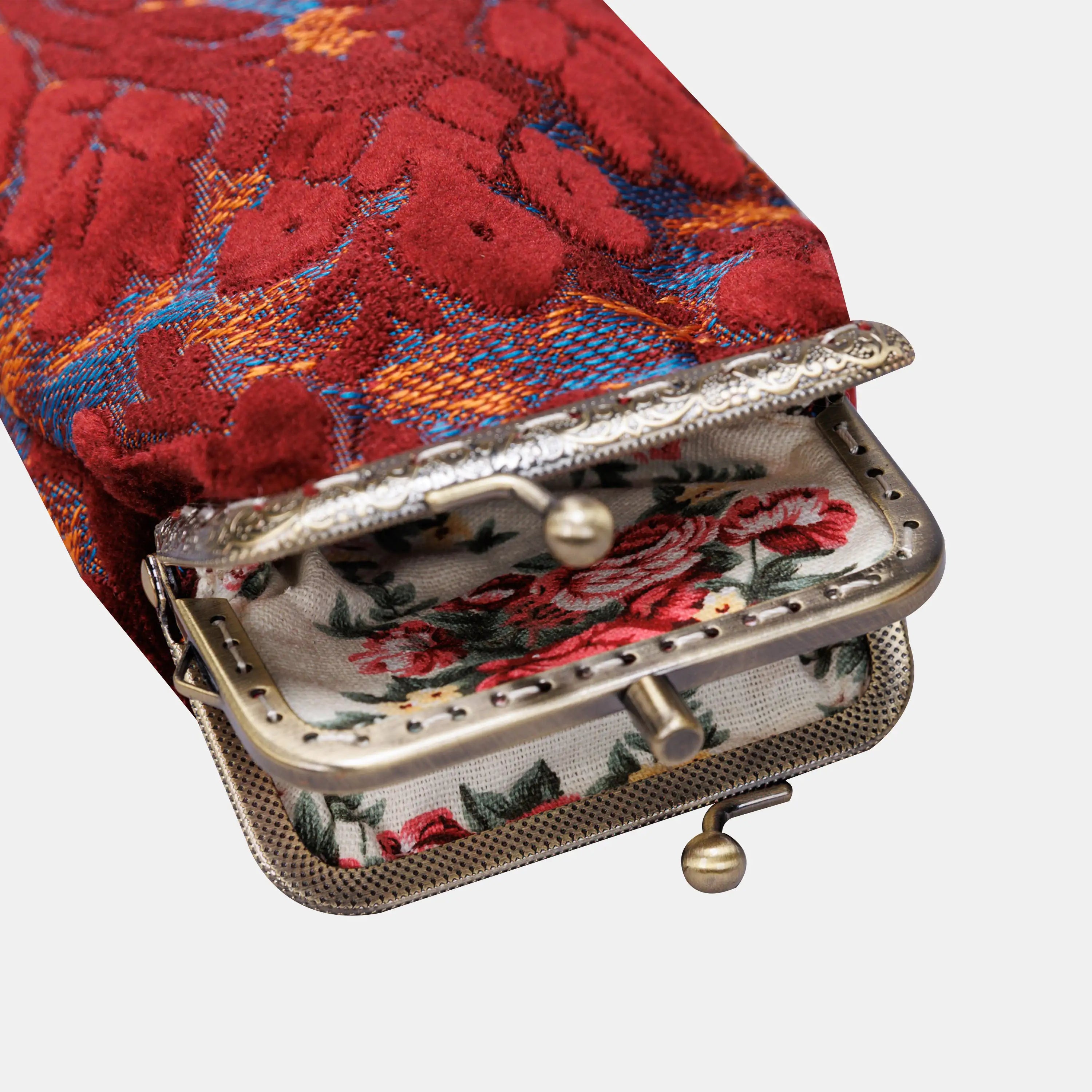 Burnout Velvet Wine Carpet Eyeglasses Case  of America the metal clamp opens-3