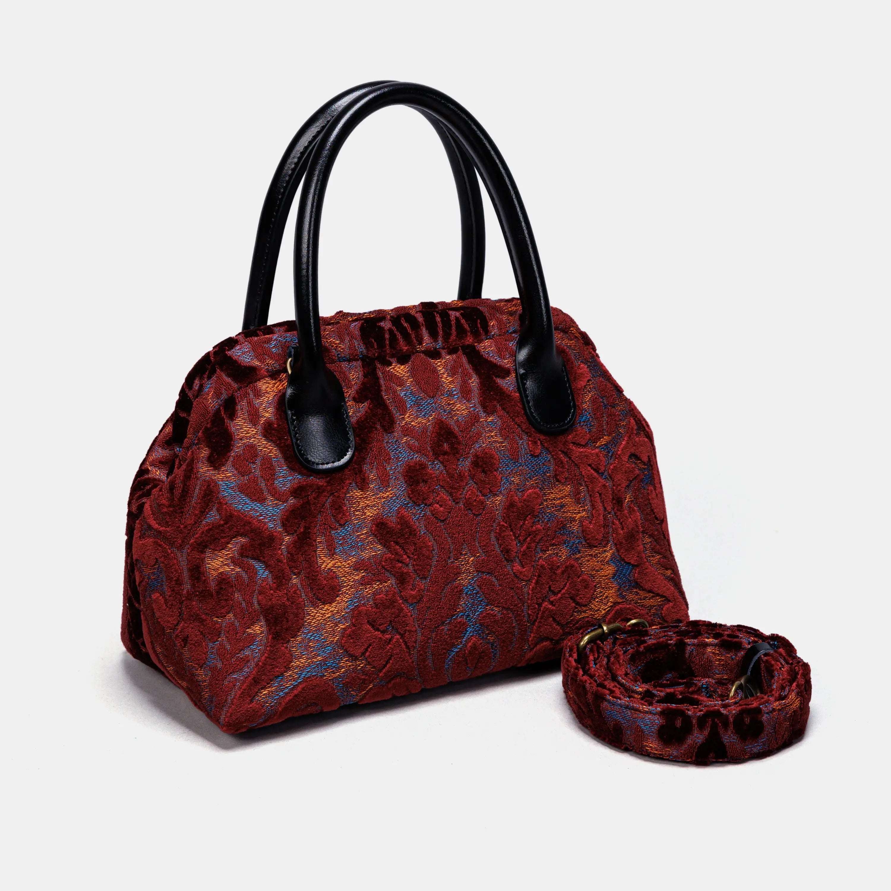 Burnout Velvet Wine Carpet Satchel carpet bag MCW Handmade of America with strap