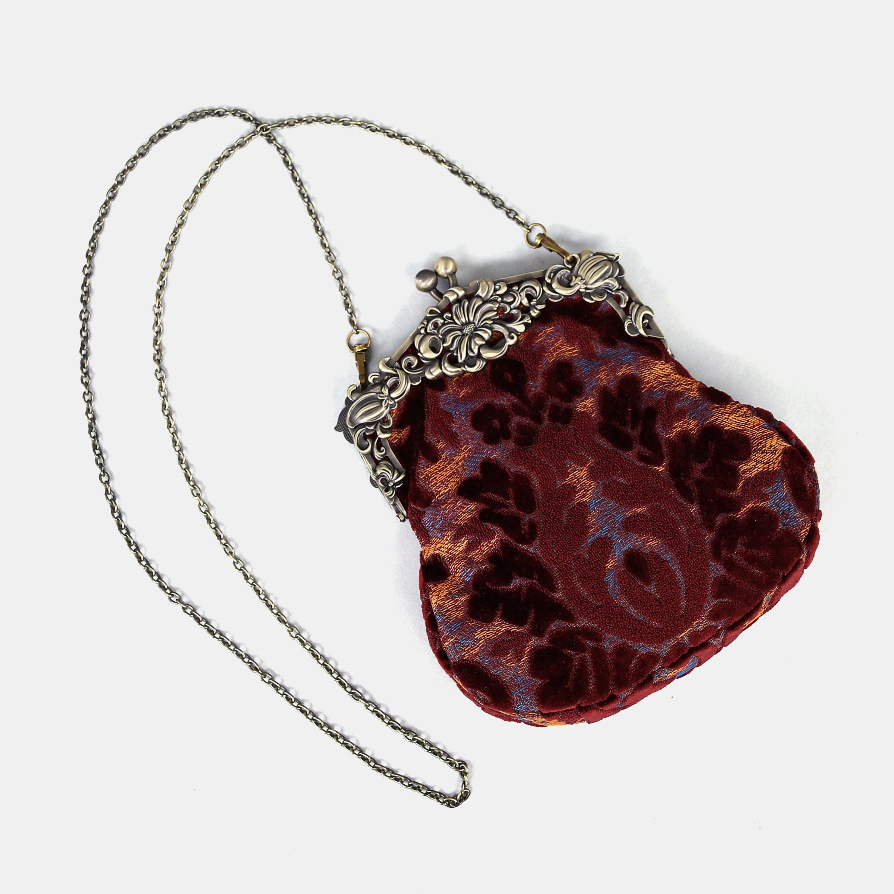 Burnout Velvet Wine Chatelaine Purse Large carpet bag of America with long chain