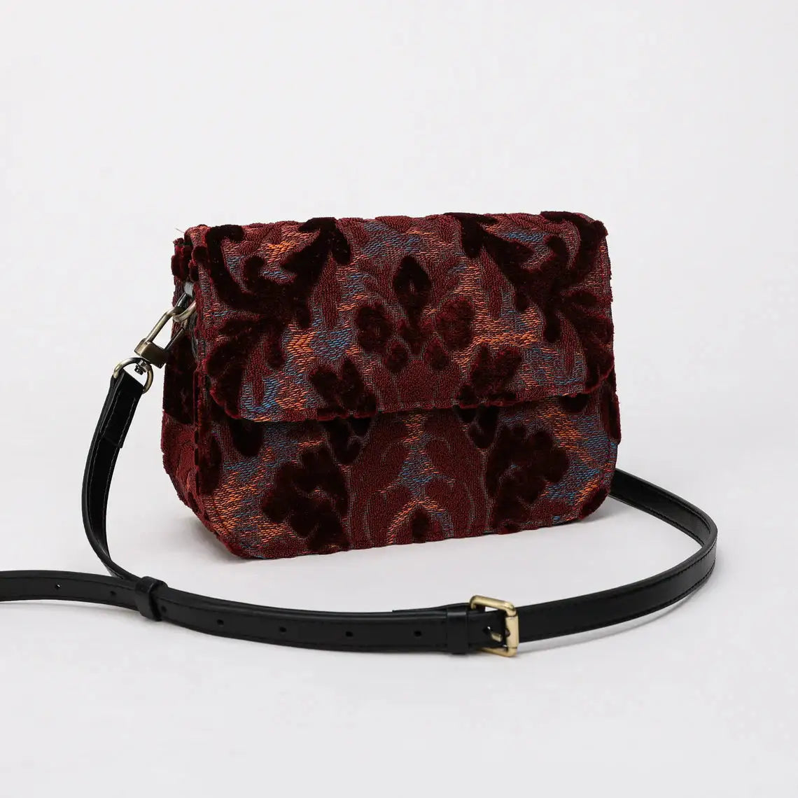 Burnout Velvet Wine Flap Crossbody Bag carpet bag of America front