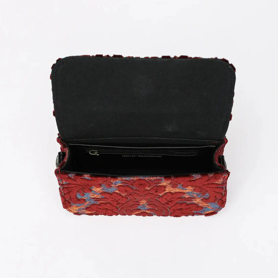 Burnout Velvet Wine Flap Crossbody Bag carpet bag of America opening