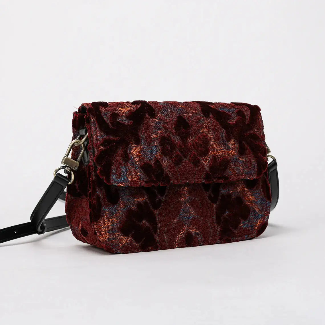 Burnout Velvet Wine Flap Crossbody Bag carpet bag of America main