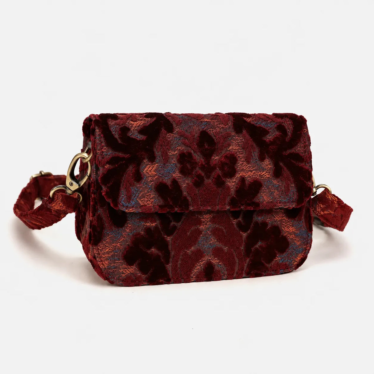 Burnout Velvet Wine Flap Crossbody Bag carpet bag of America main