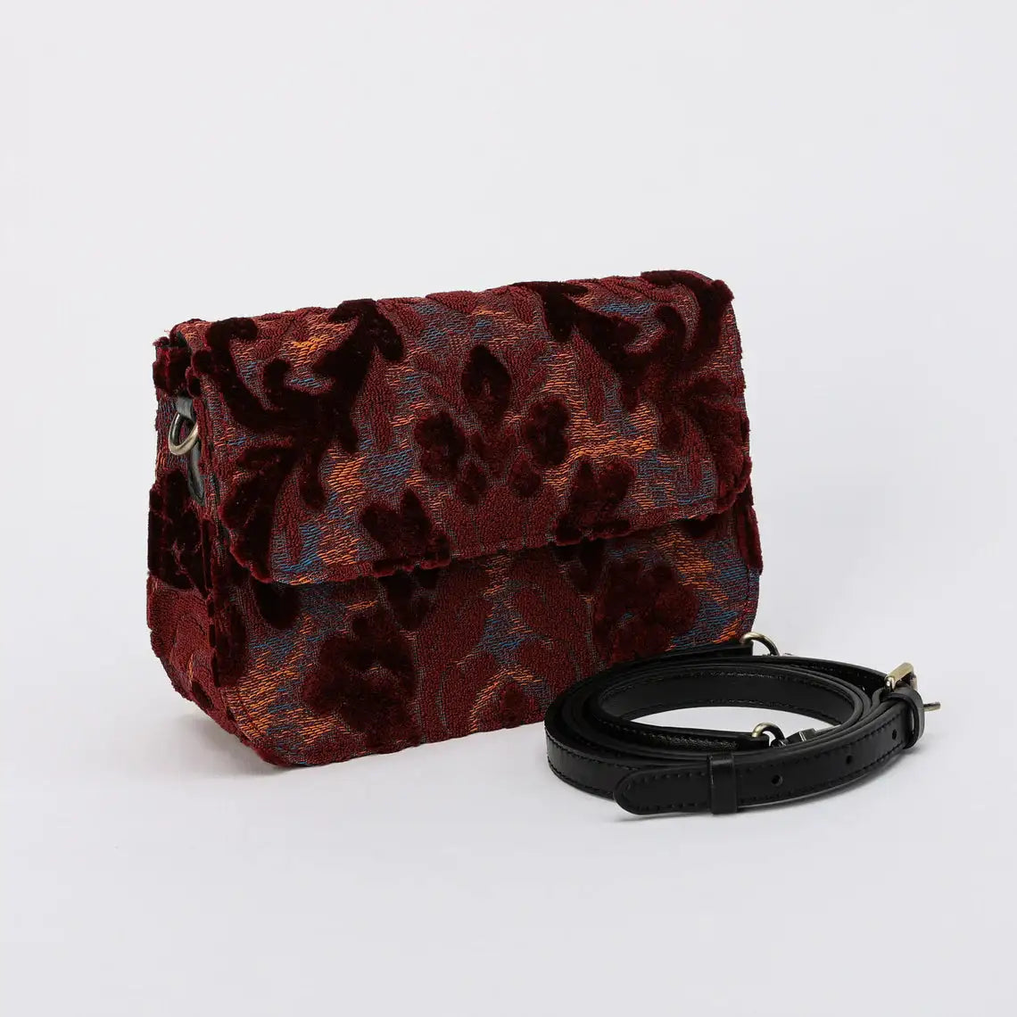 Burnout Velvet Wine Flap Crossbody Bag carpet bag of America with shouder strap
