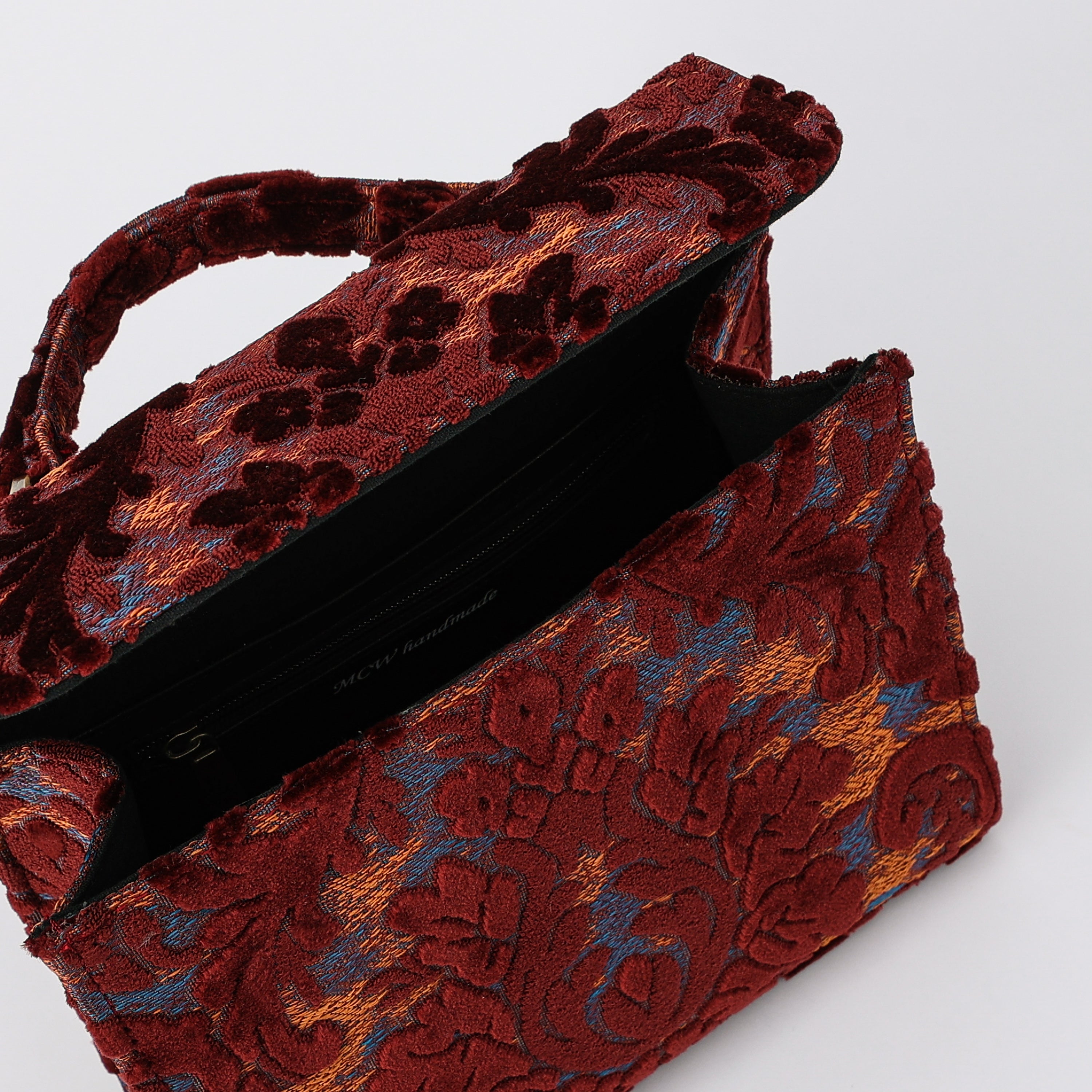 Burnout Velvet Wine Flap Satchel Carpetbag of America opening