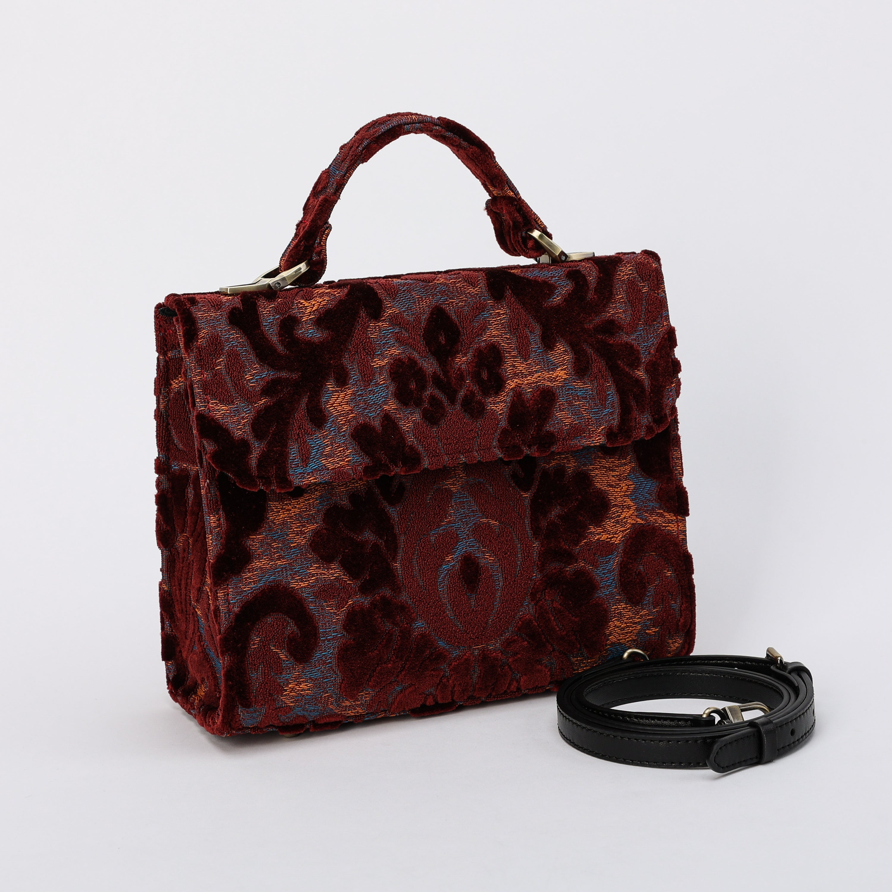 Burnout Velvet Wine Flap Satchel Carpetbag of America front side
