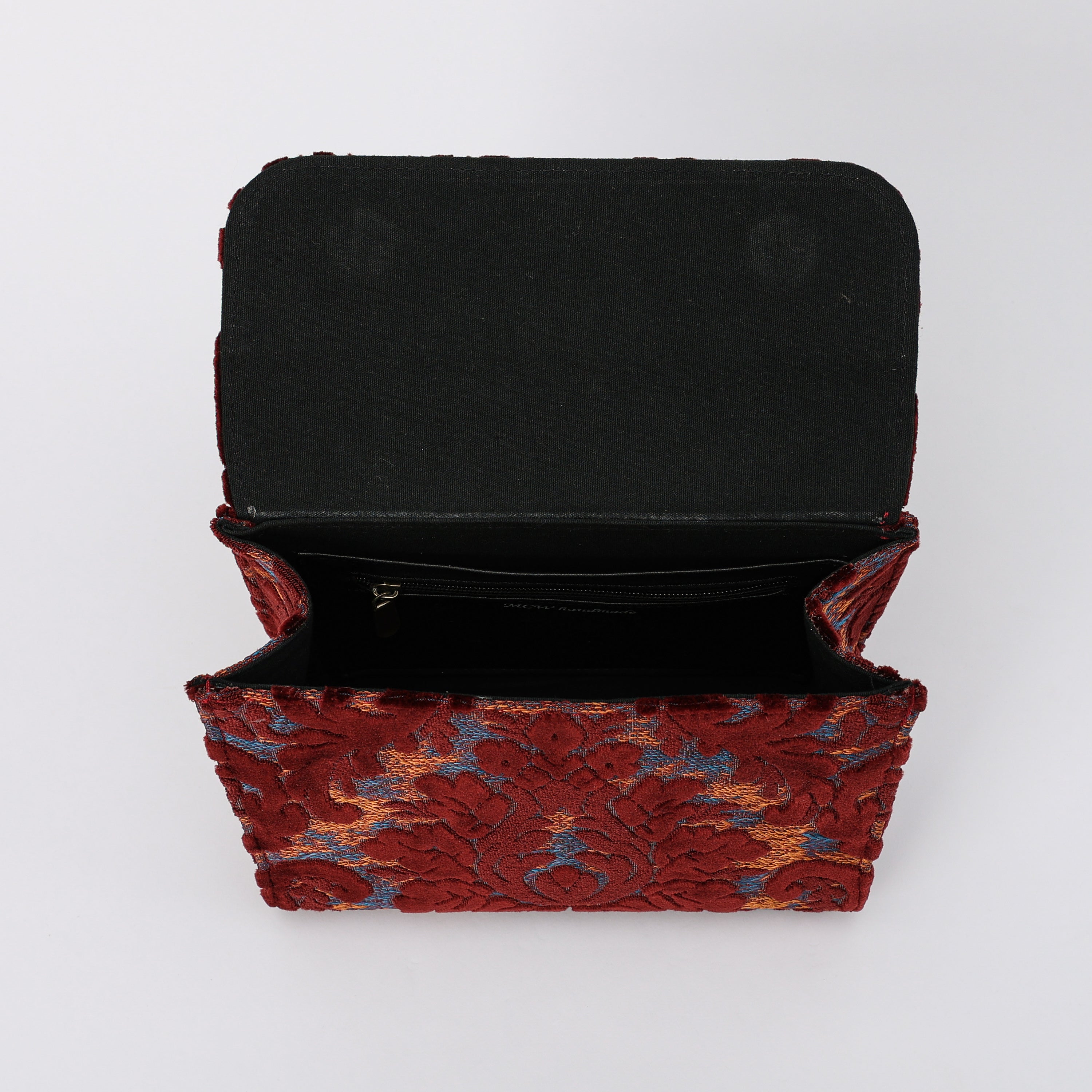 Burnout Velvet Wine Flap Satchel Carpetbag of America inside