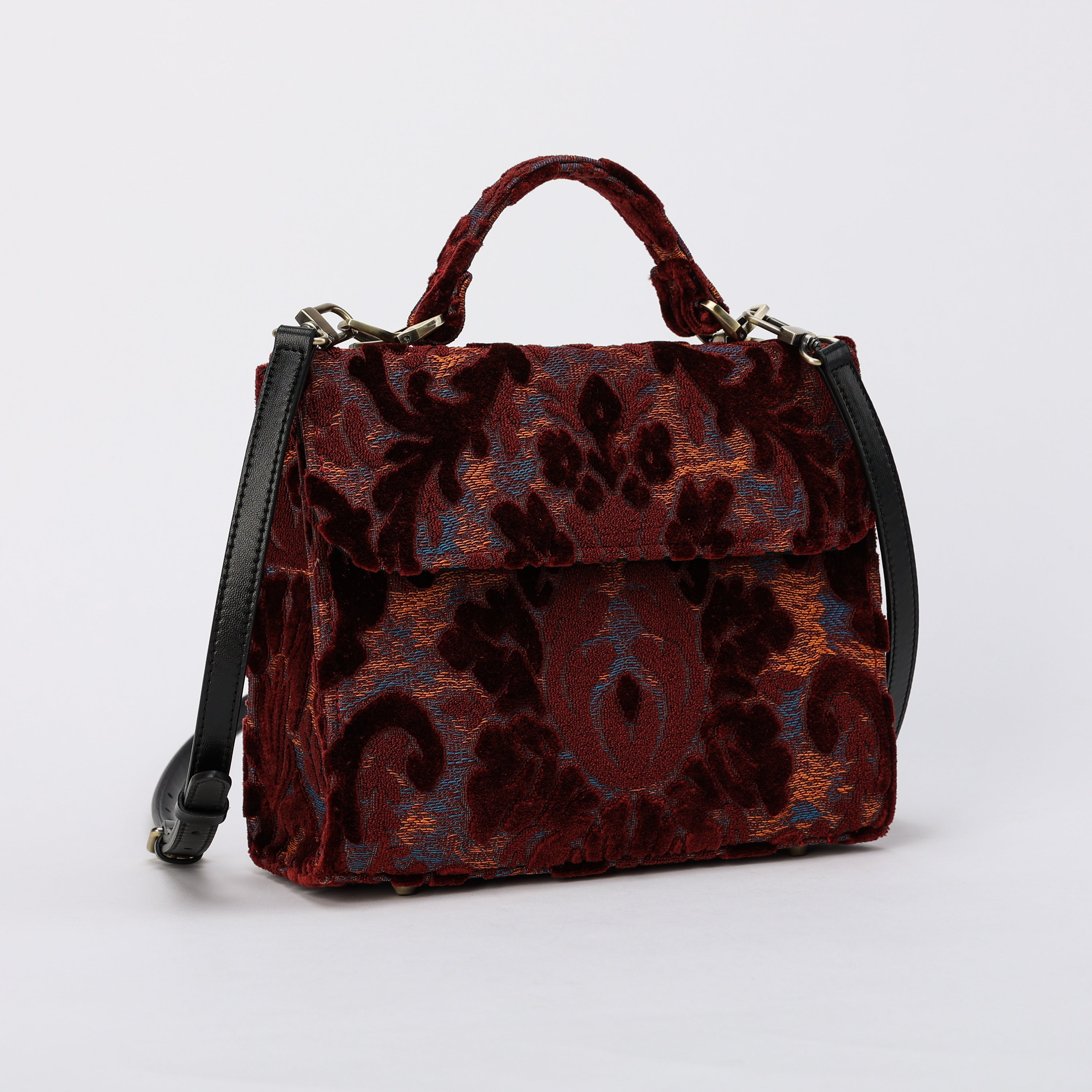 Burnout Velvet Wine Flap Satchel Carpetbag of America with shoulder strap