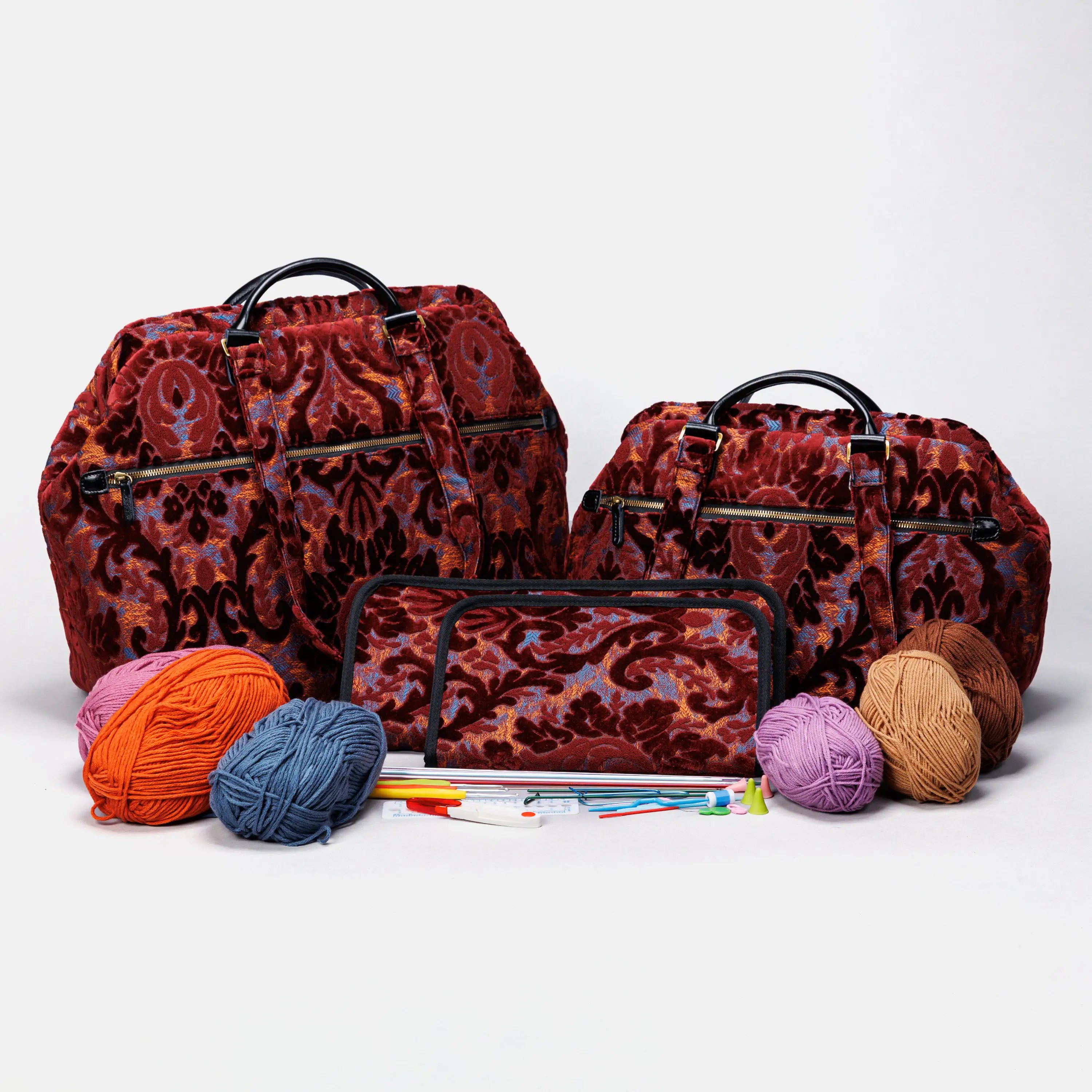 Burnout Velvet Wine Knitting Project Bag of America-with needle case