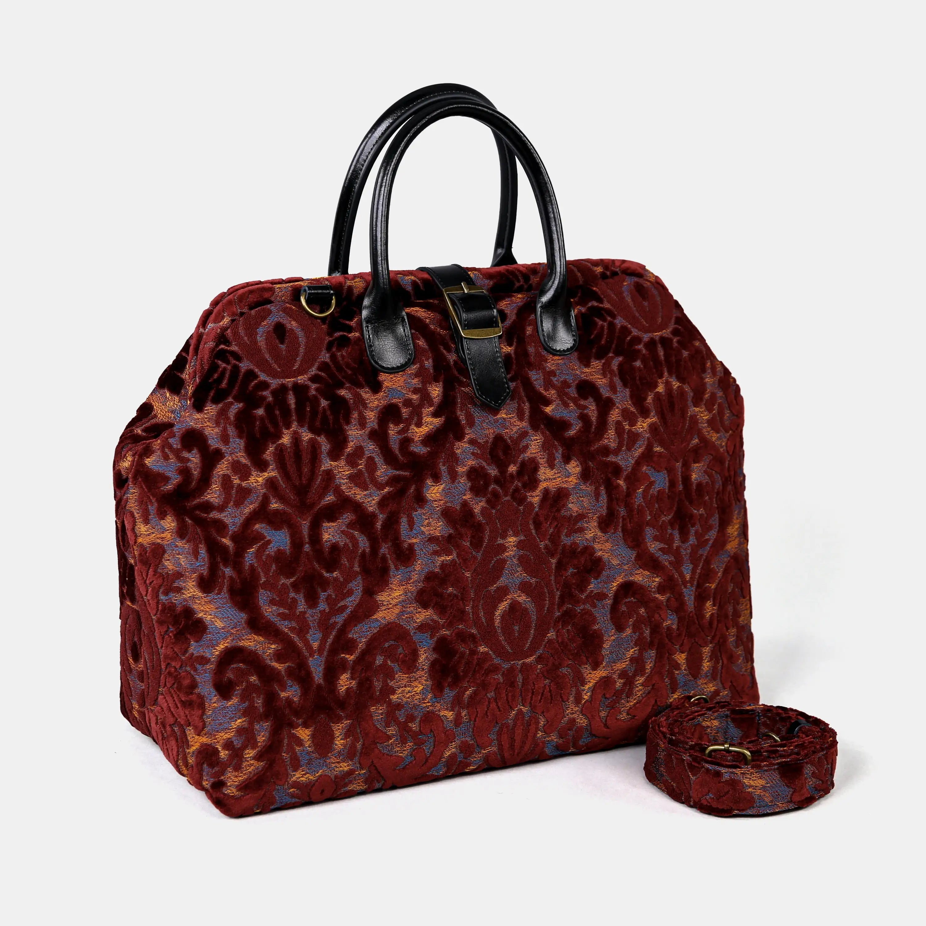 Burnout Velvet Wine Mary Poppins Weekender Carpetbag of America with shoulder strap