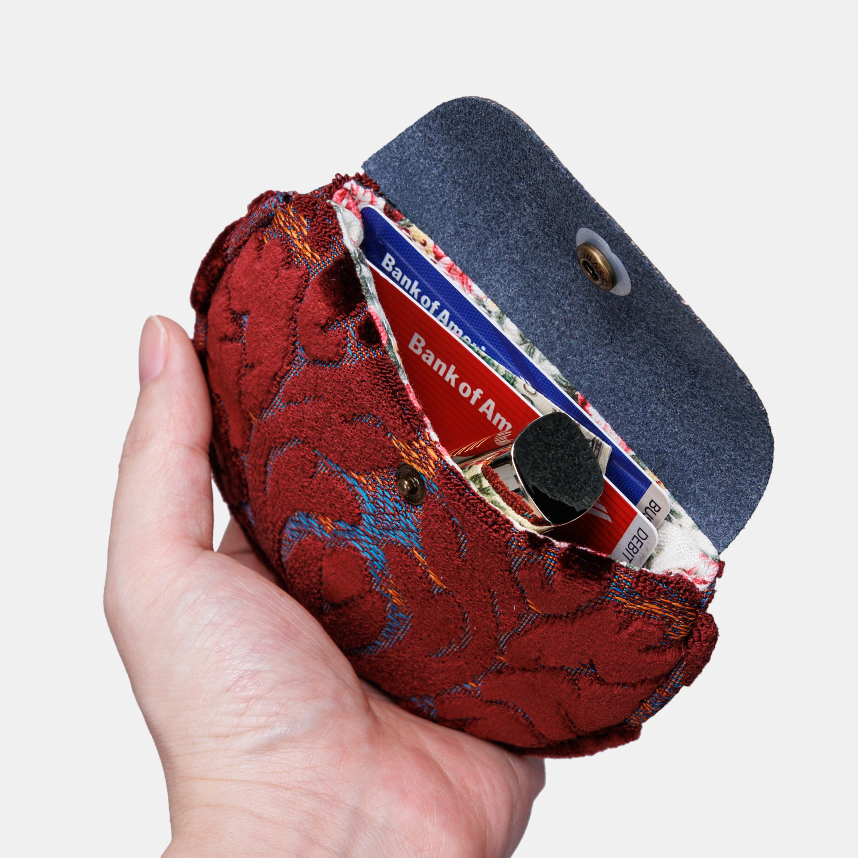 Burnout Velvet Wine Flap Coin Purse of America in use-1