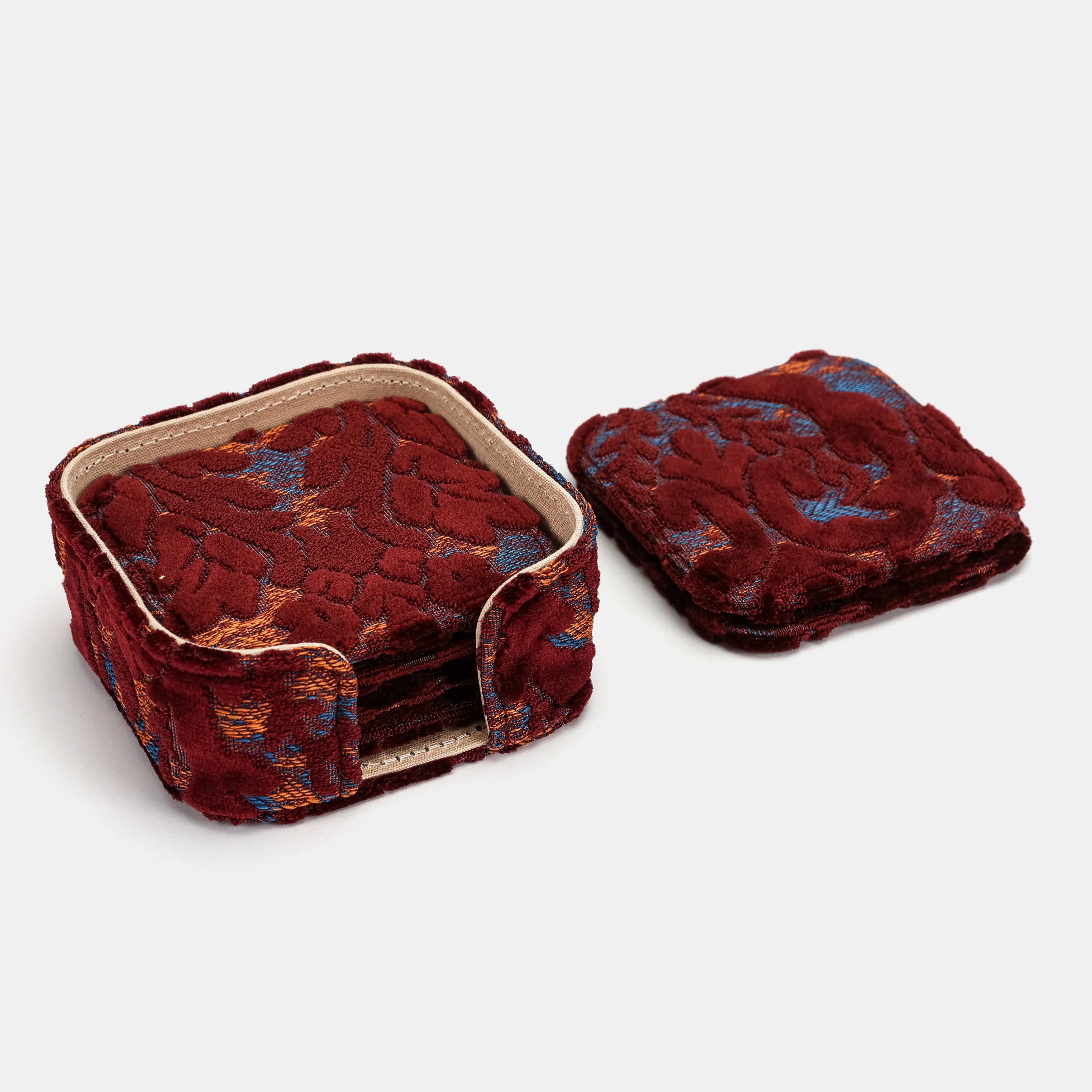 Burnout Velvet Wine Square Coaster Set with Holder of America-details