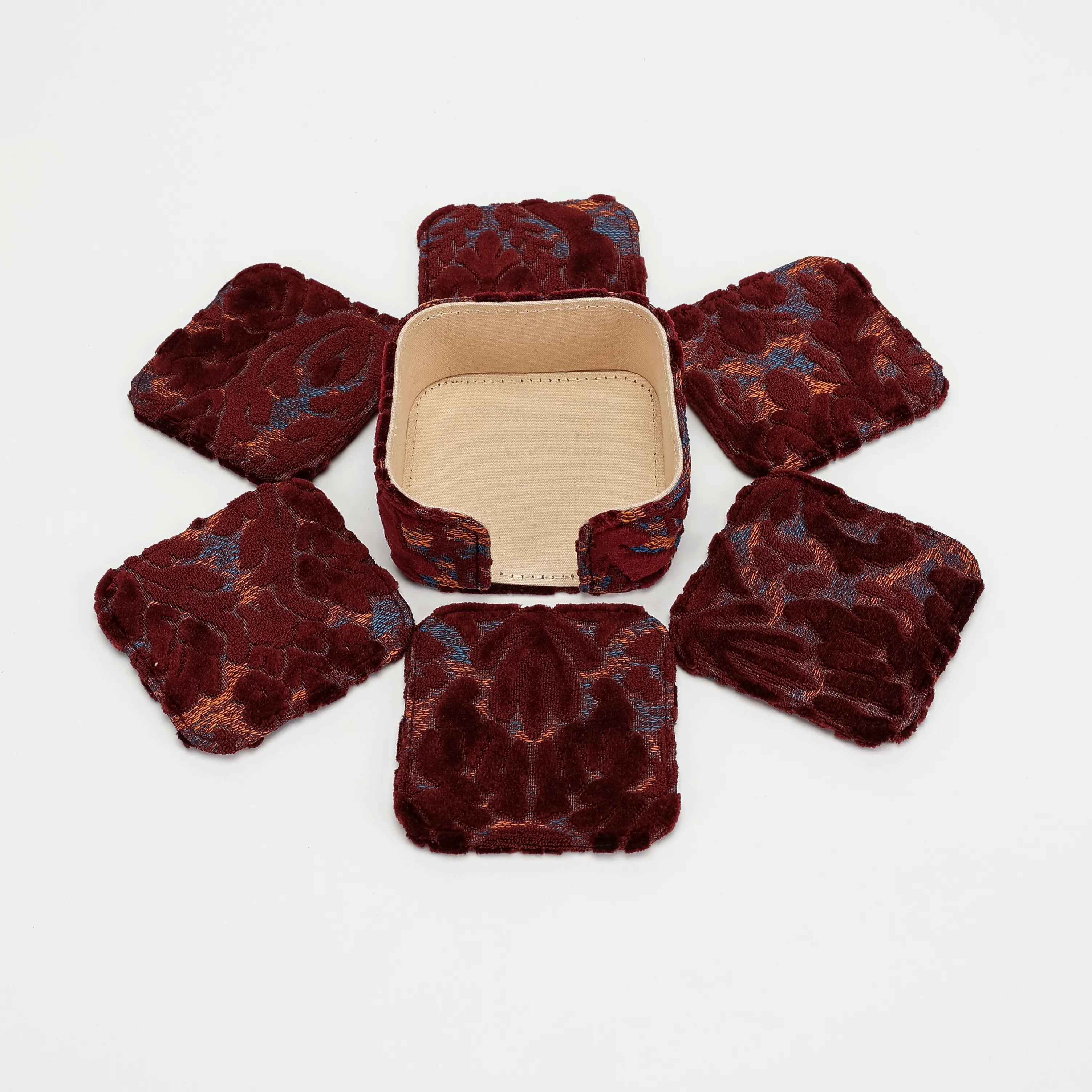 Burnout Velvet Wine Square Coaster Set with Holder of America-6 pcs with holder