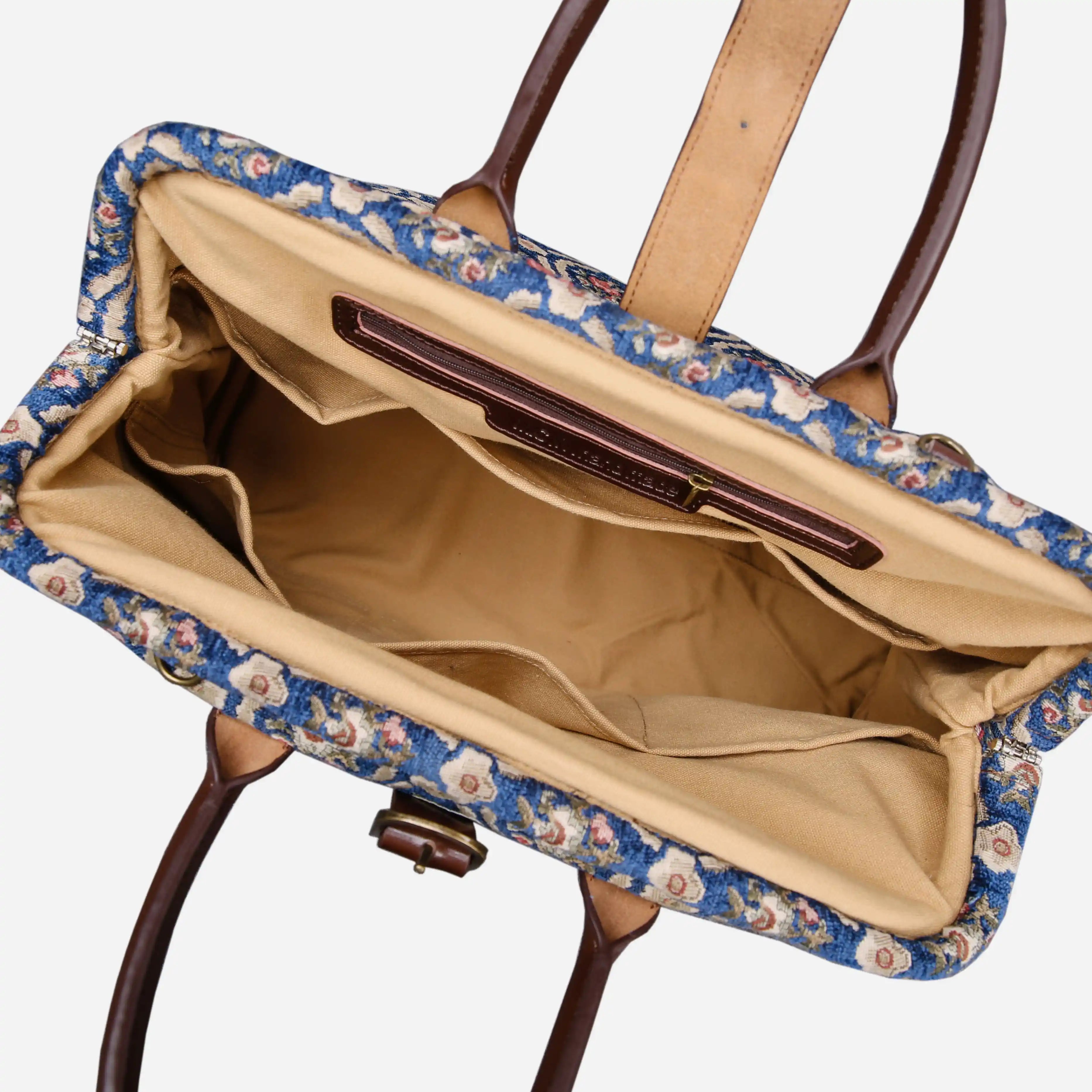Traditional Blue Mary Poppins Weekender Carpetbag of America open