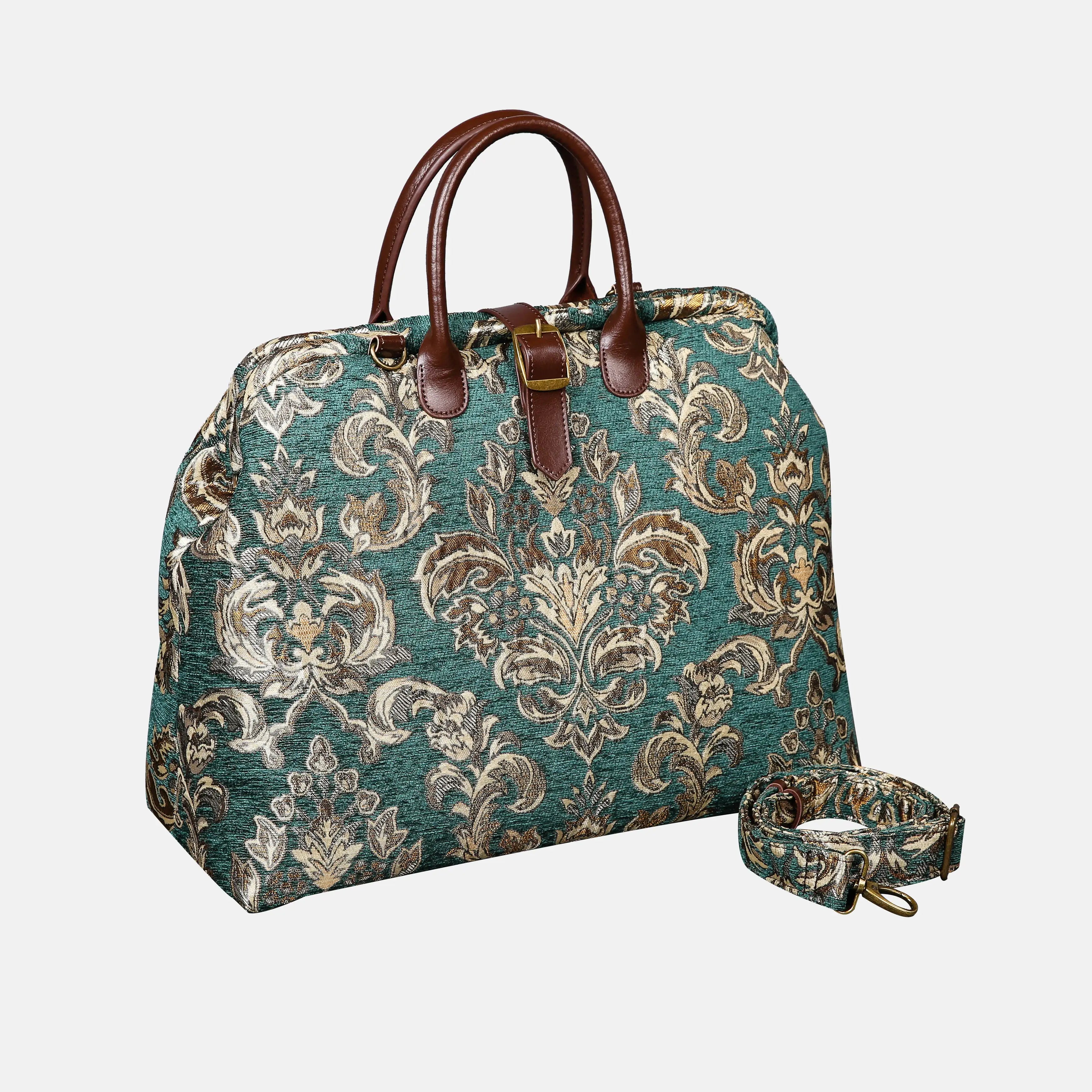 Victorian Blossom Green-Gold Mary Poppins Weekender Carpetbag with shoulder strap