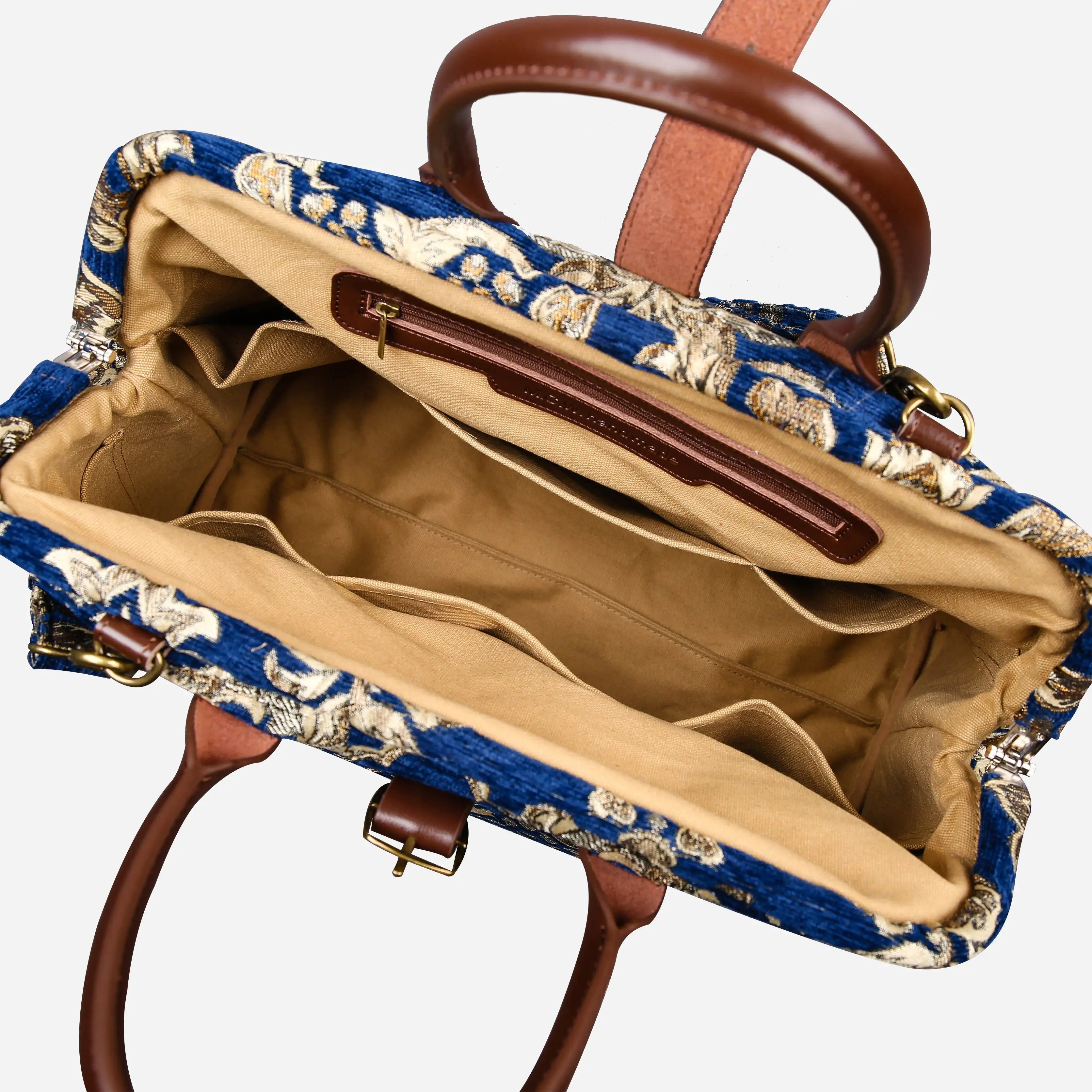 Victorian Blossom Blue-Gold Mary Poppins Weekender Carpetbag open
