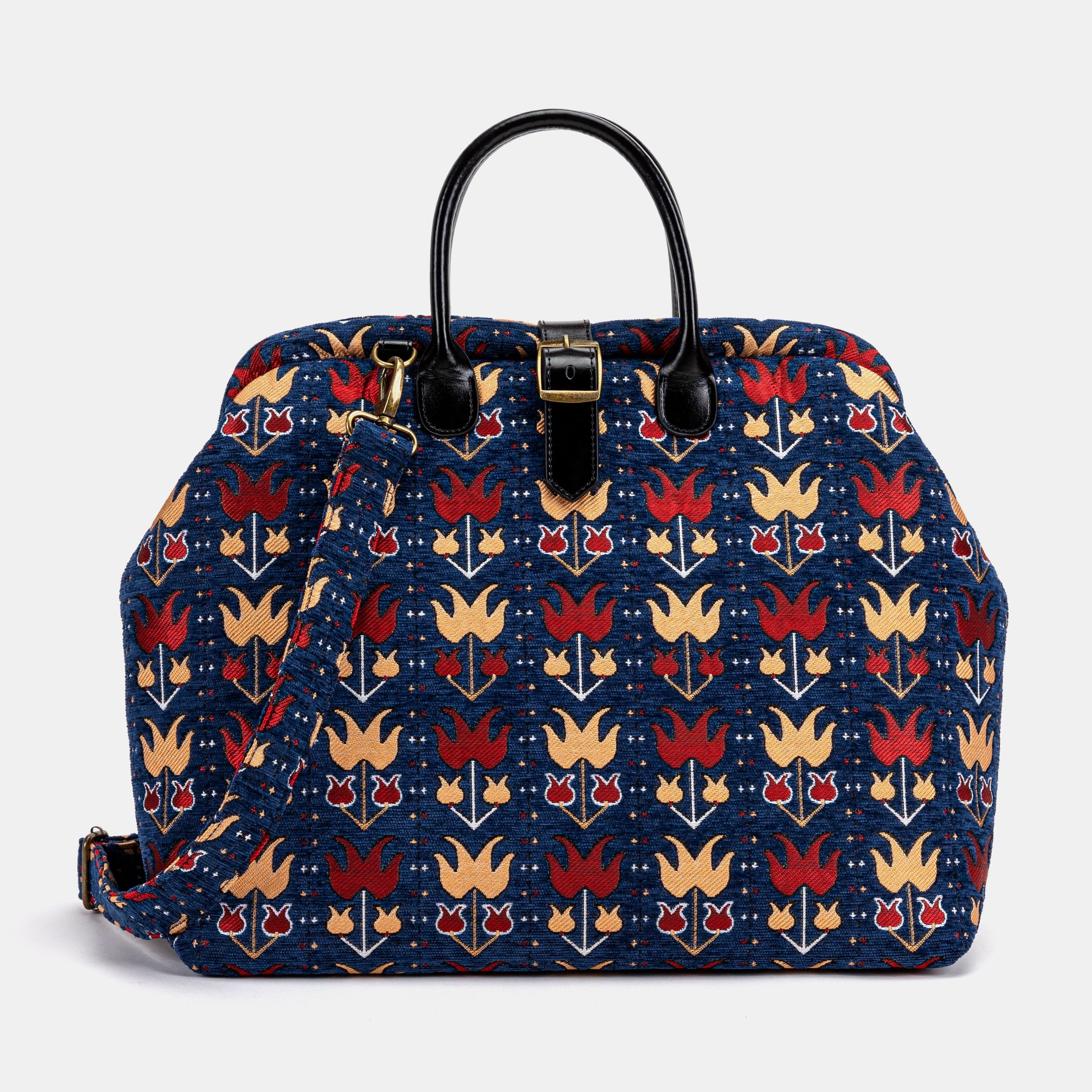 Poppy Bloom tapestry weekender bag, black leather handles, detachable shoulder strap, and vintage travel design