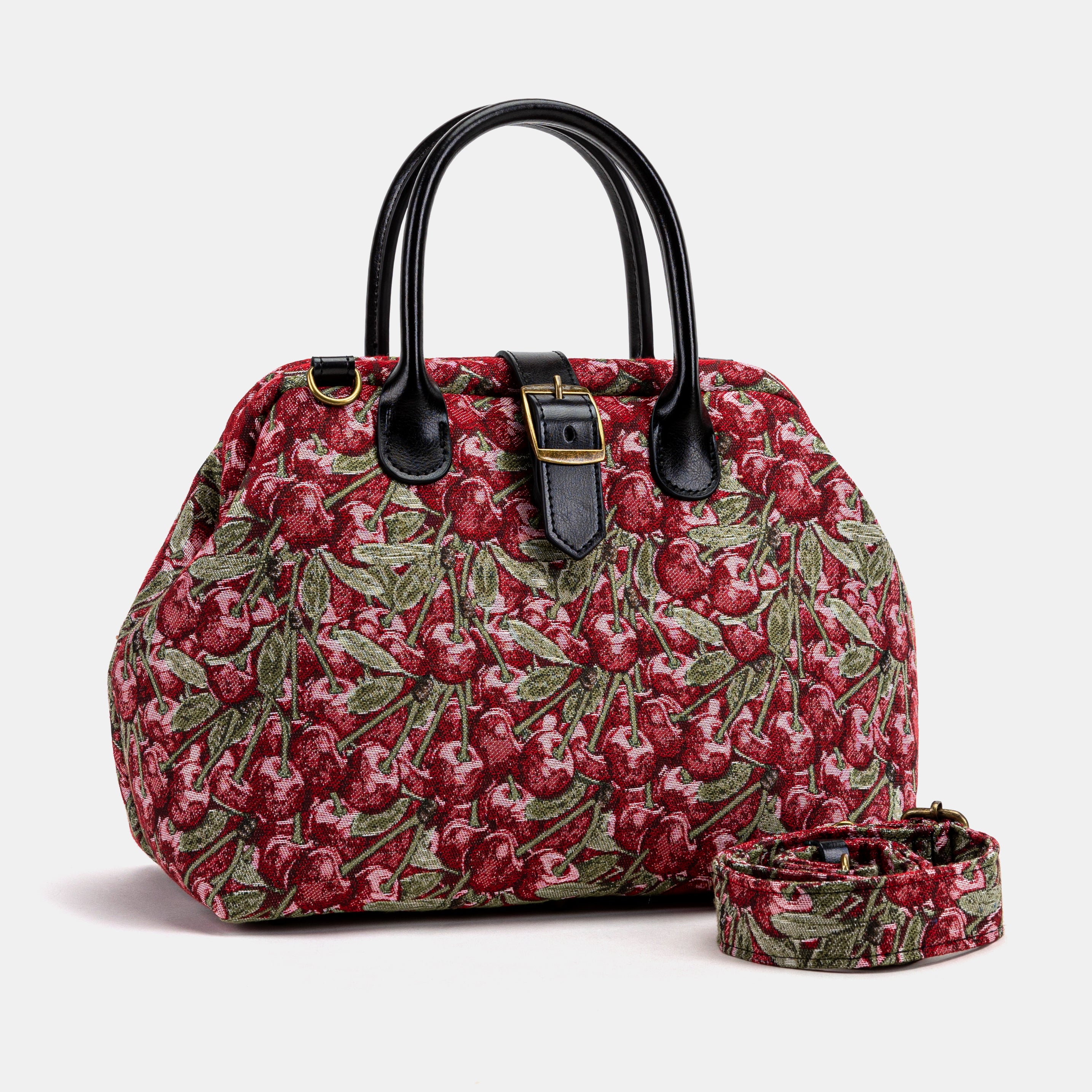 Handsewn Carpet Purse Mary Poppins Carpet Bag Everyday Carry Shoulder Bag Cherry Cascade with shoulder strap