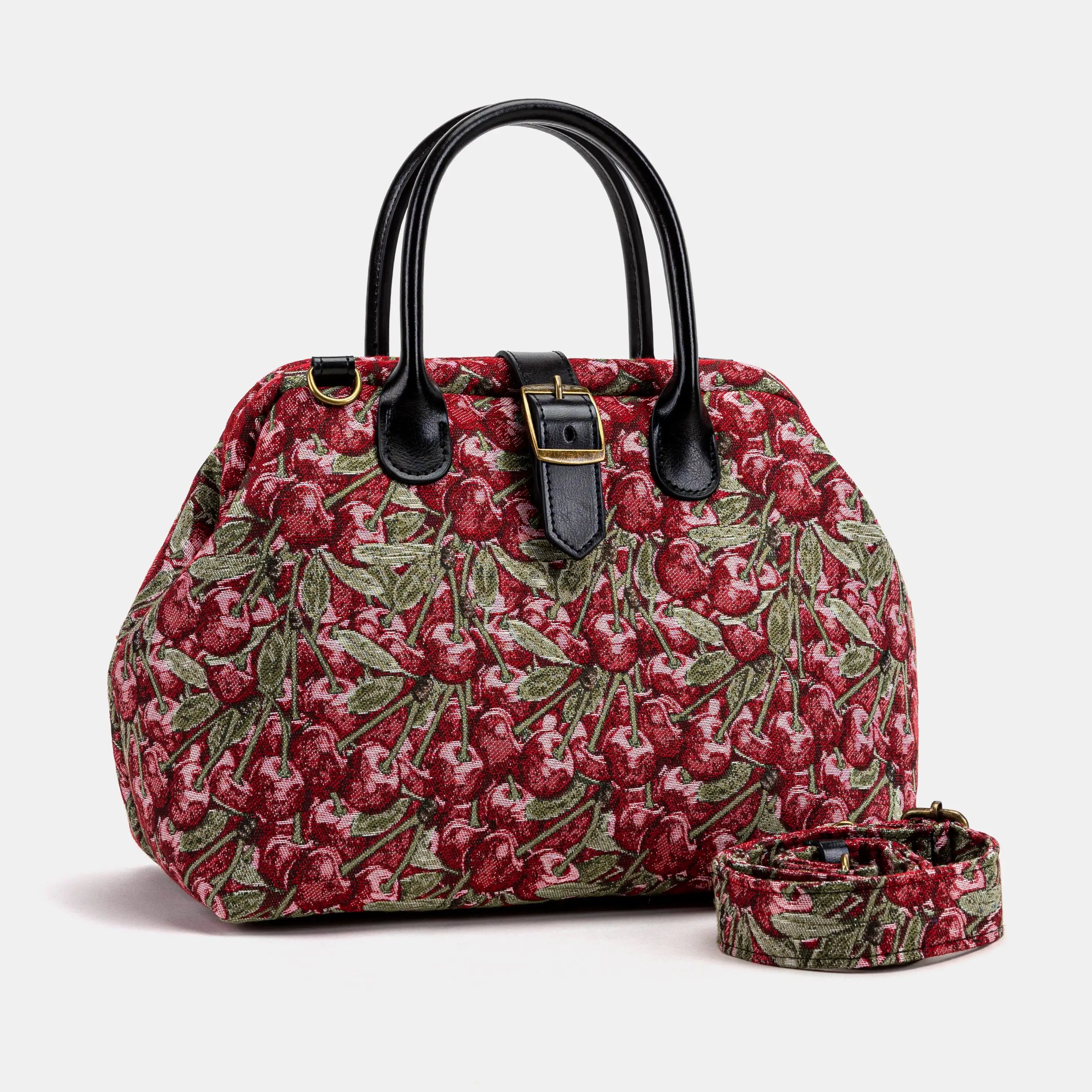 Handsewn Carpet Purse Mary Poppins Carpet Bag Everyday Carry Shoulder Bag Cherry Cascade with shoulder strap