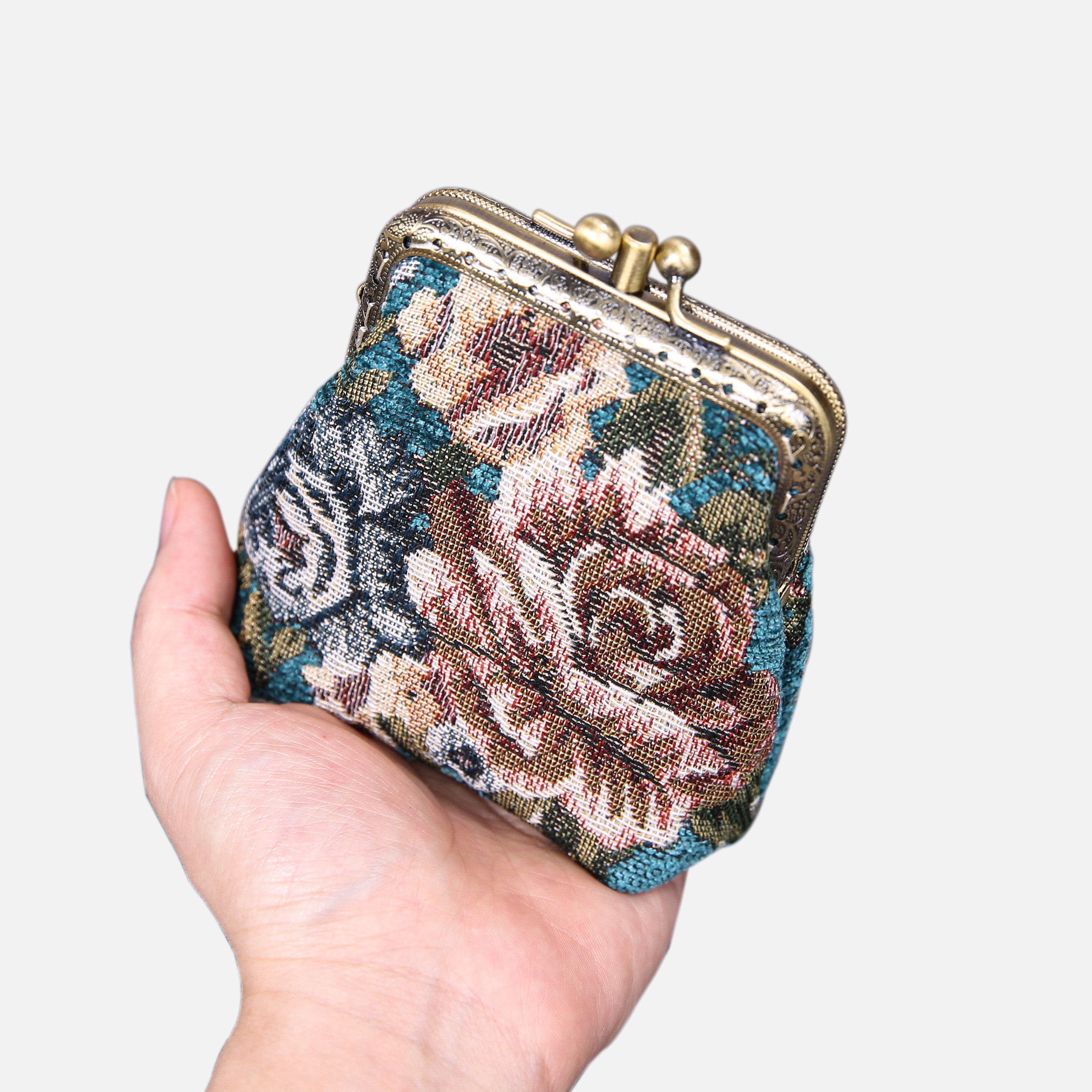 Floral Teal Double Kiss Clasp Coin Purse  MCW Handmade-5