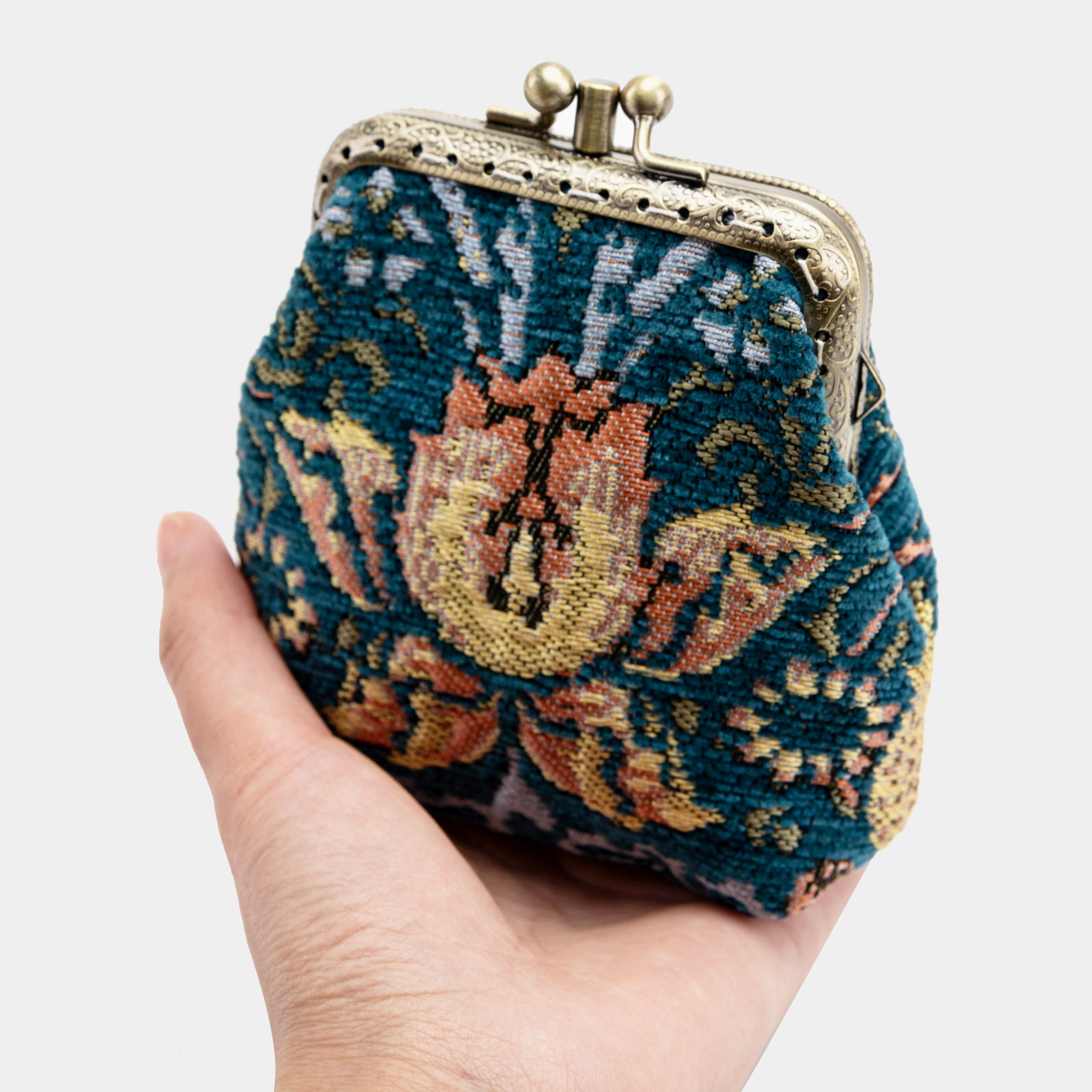 William Morris Strawberry Thief Double Kiss Clasp Coin Purse Carpetbag of America holding