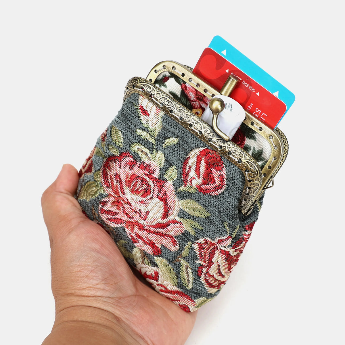Baroque Graden Grey Double Kiss Clasp Coin Purse Carpetbag of America holding