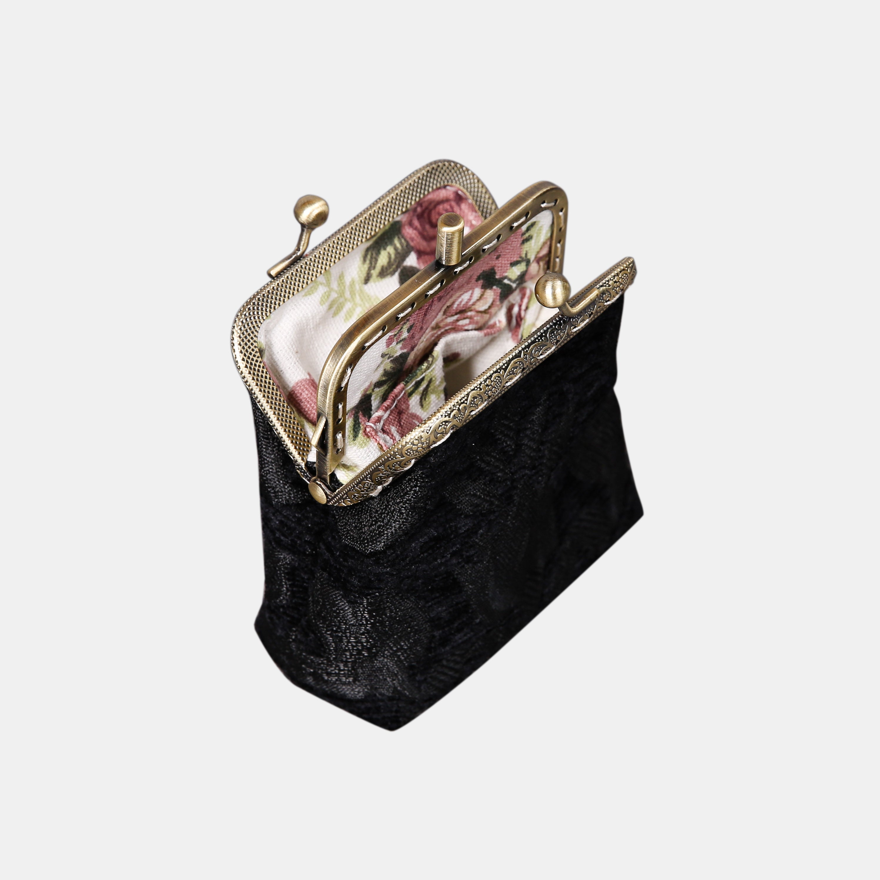 Victorian Blossom BLK/BLK Double Kiss Clasp Coin Purse opening